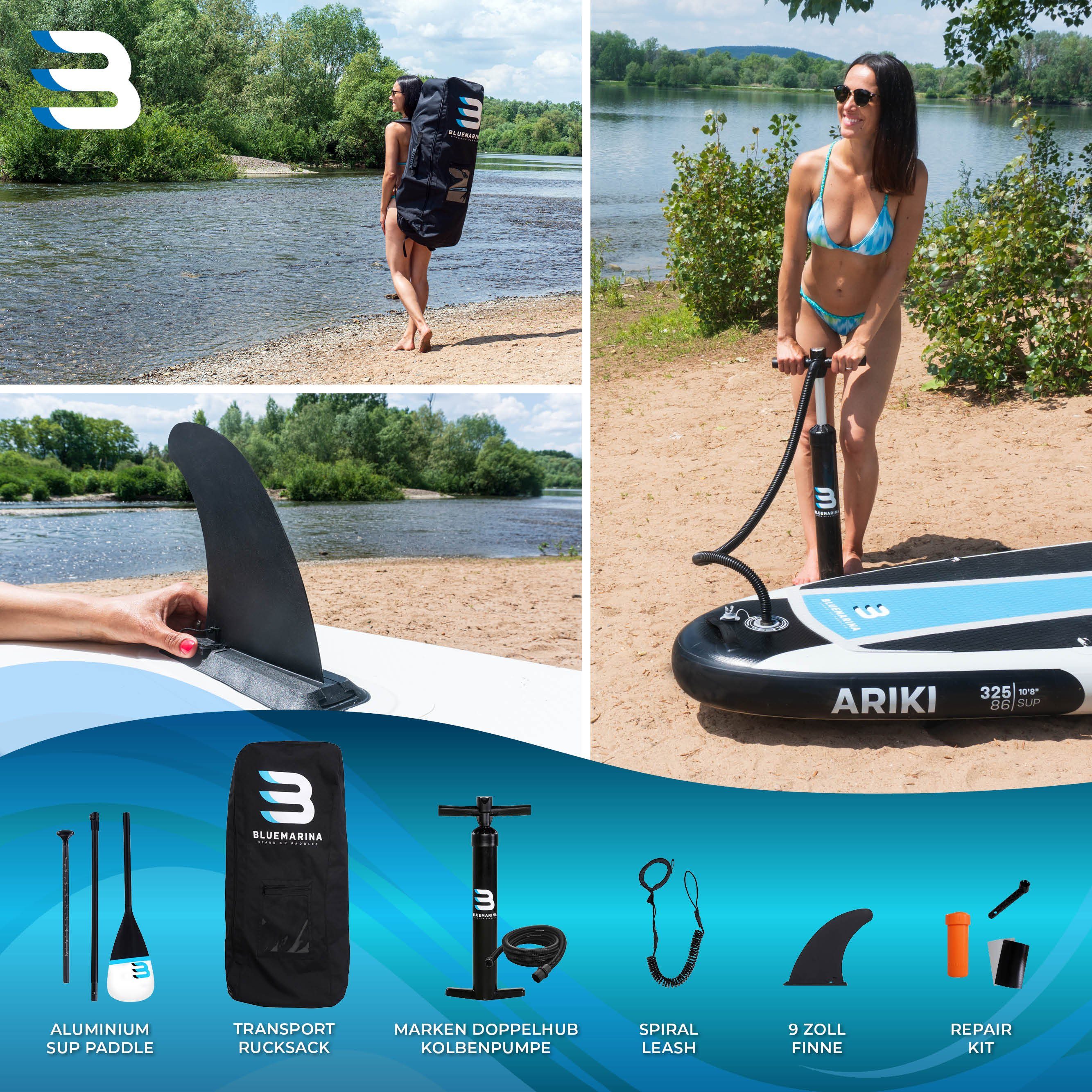 Bluemarina SUP-Board Aufblasbares Bluemarina SUP Board Ariki inkl. 5 J. Garantie, Stand Up Paddle Board, (10 - 15 cm dick, PVC, max 140 kg), Paddling board, Paddelboard, Surfboard, (Kinder/Erwachsene bis 90 kg - 3-Finnen - Action-Cam-Halterung, UV Re
