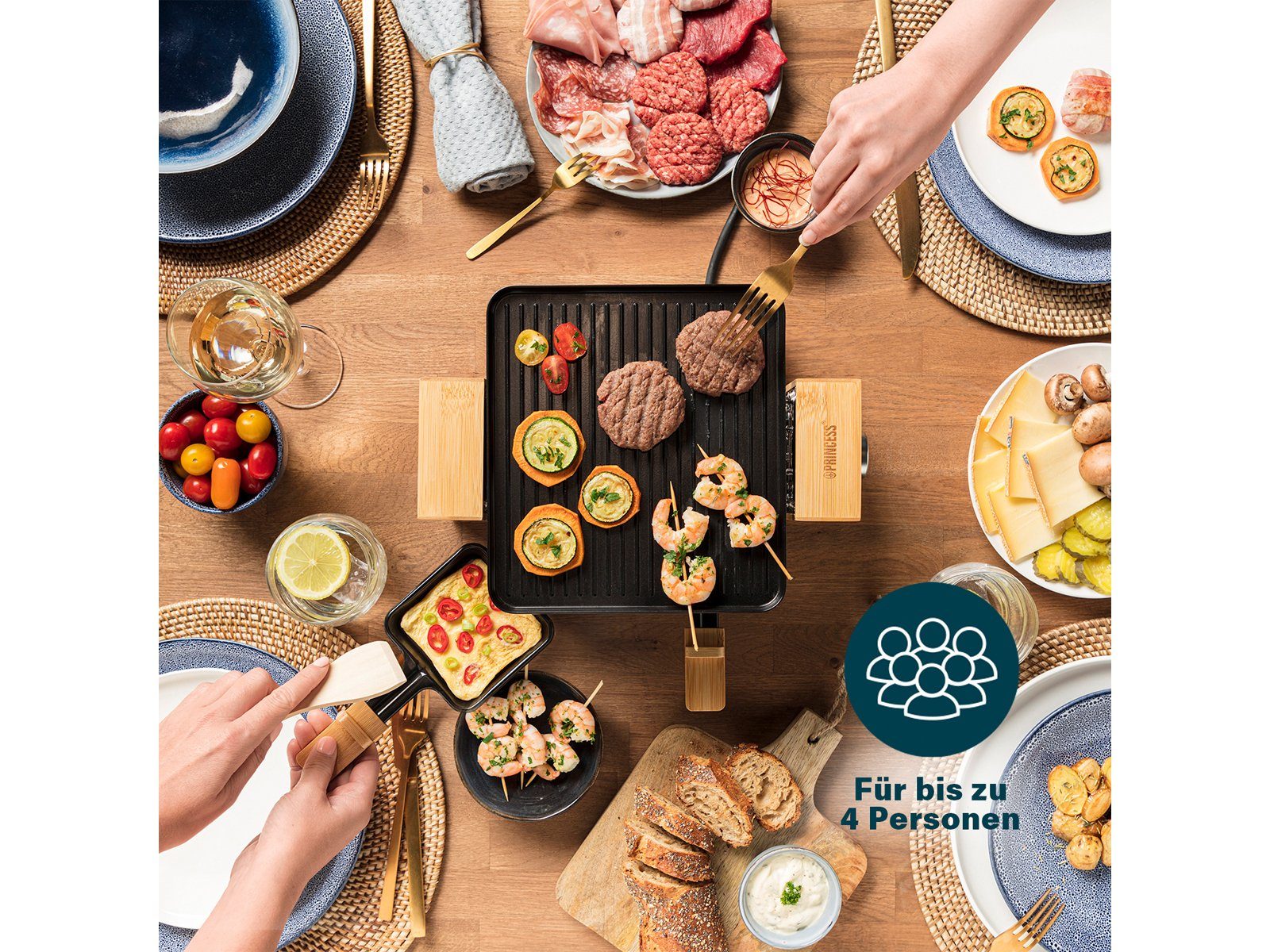 PRINCESS Raclette, 800 W, Kleiner Bambus Design Tischgrill für 2-4 Personen, Pfännchen Parkdeck