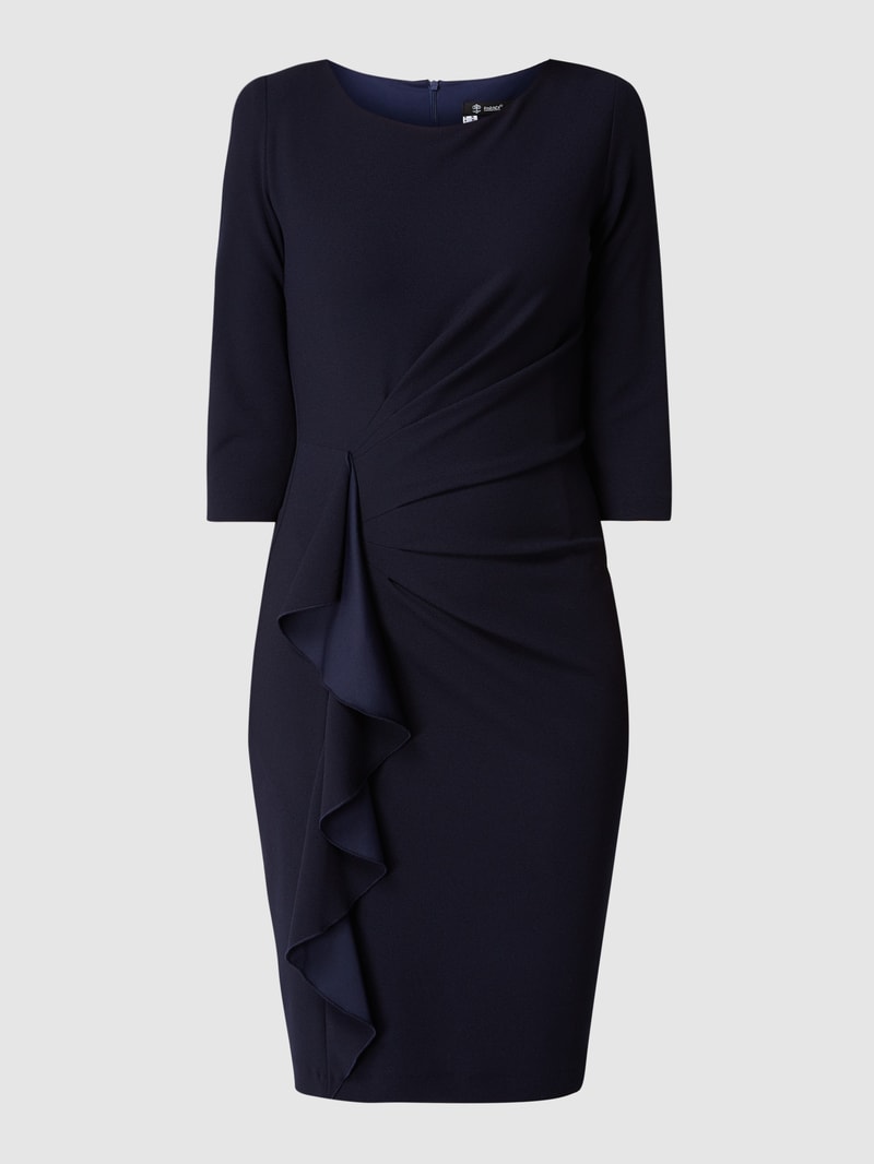 Cocktailkleid mit Drapierung und Volantbesatz in dunkelblau