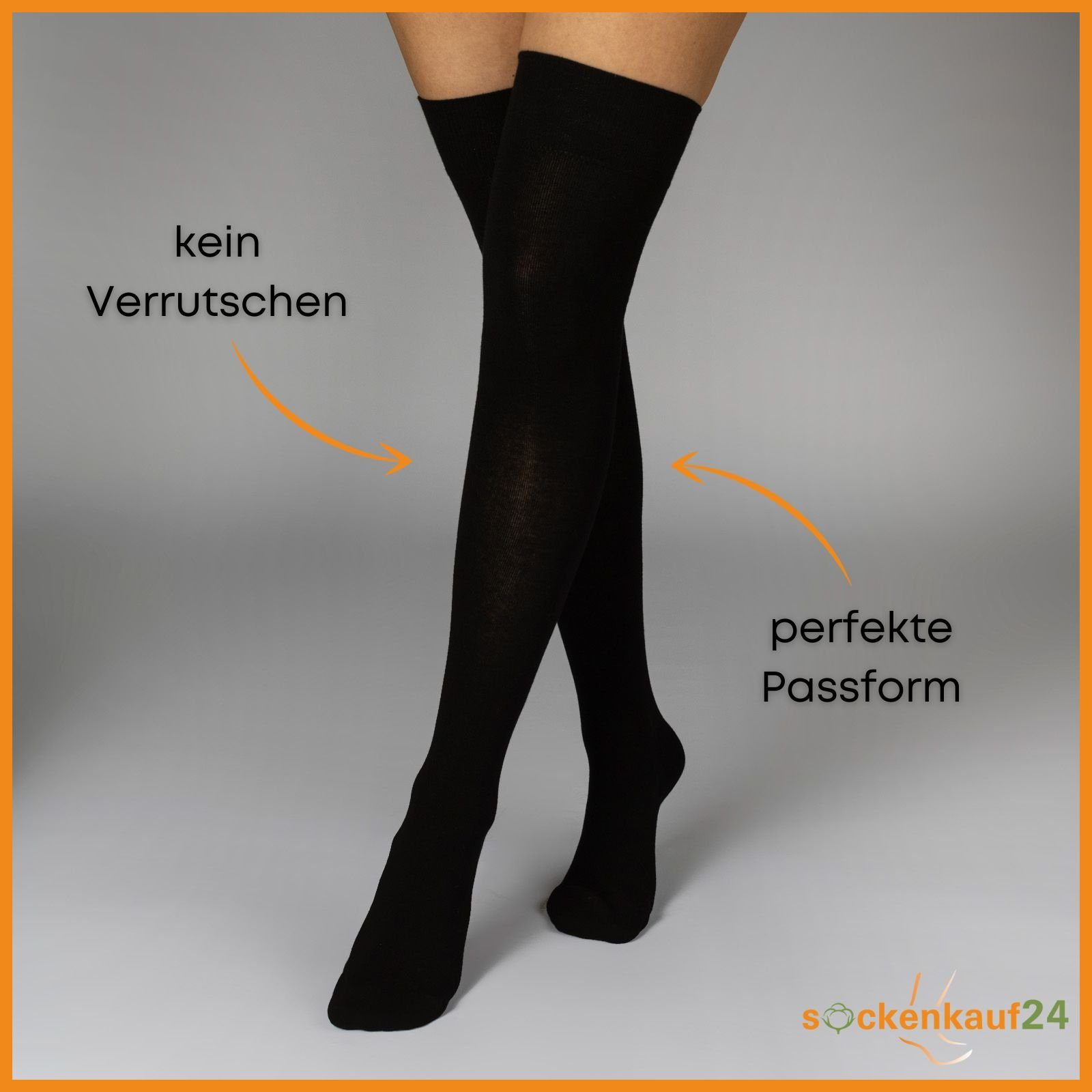 sockenkauf24 Overknees 2 Paar Overknee Strümpfe Damen Kniestrümpfe (Schwarz, 39-42) Schwarz Bunt Ringel Baumwolle - 10723 WP