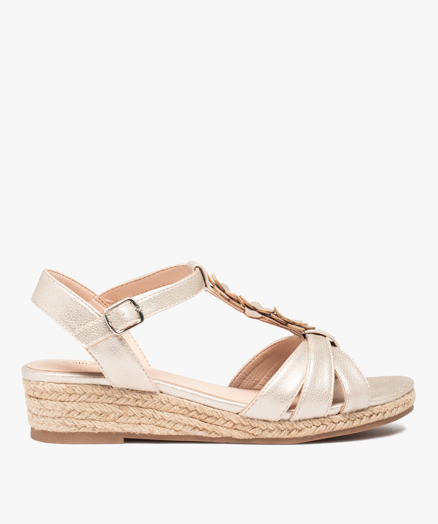 Sandales femme compensées ornées de fleurs en volume or | GEMO