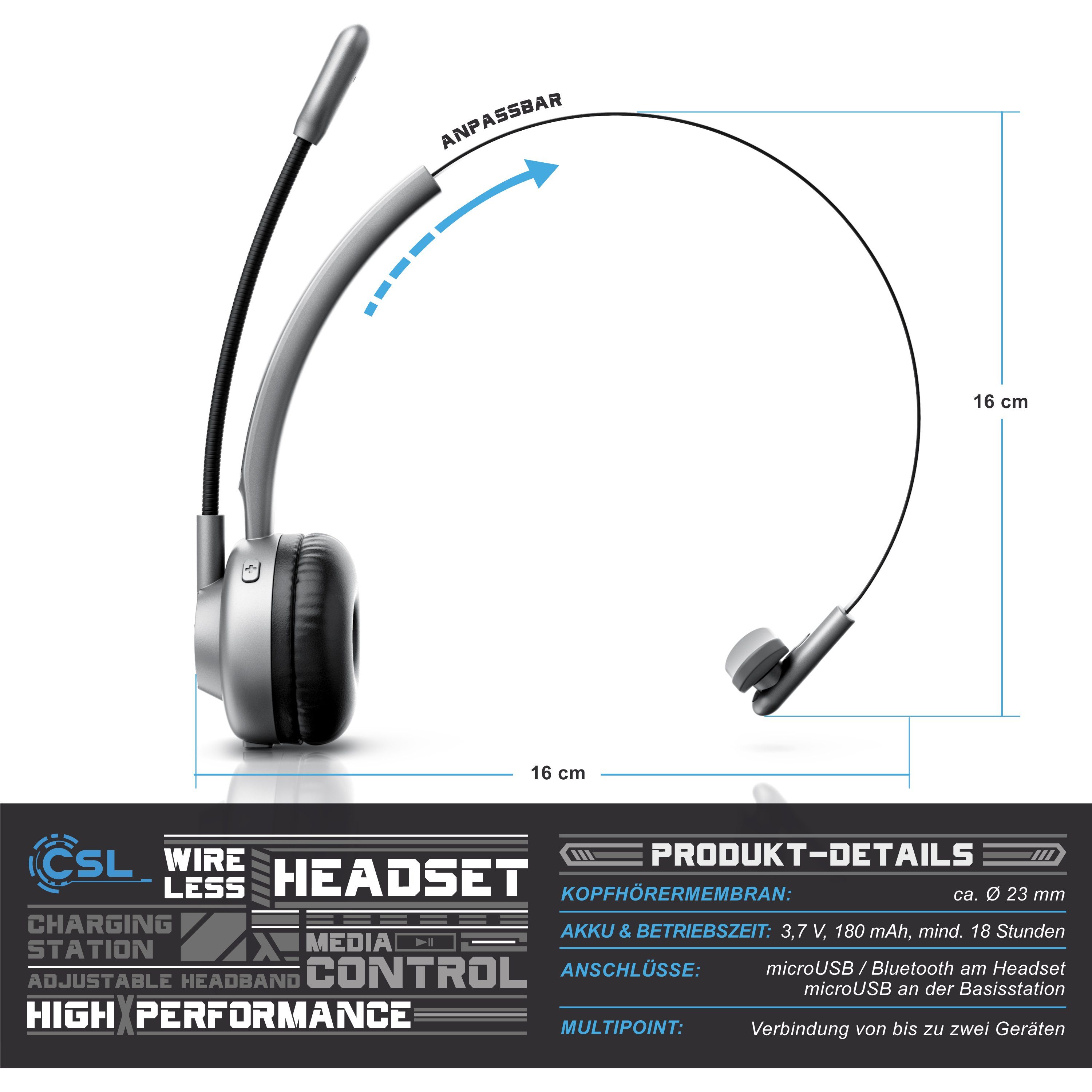 CSL Wireless-Headset (Bluetooth, Mono, Bluetooth, Ladestation, Kopfhörer mit flexiblem Mikrofon)