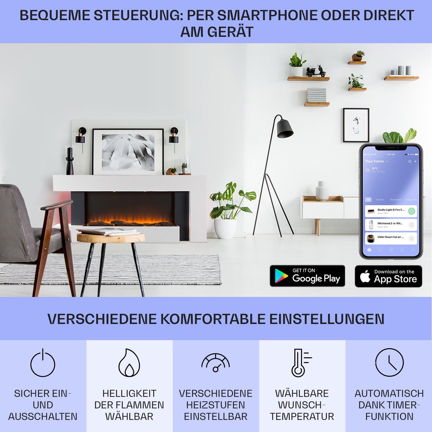 Klarstein Elektrokamin Studio Light & Fire, elektrischer Kamin mit Heizfunktion Heizlüfter elektrischer Kaminofen