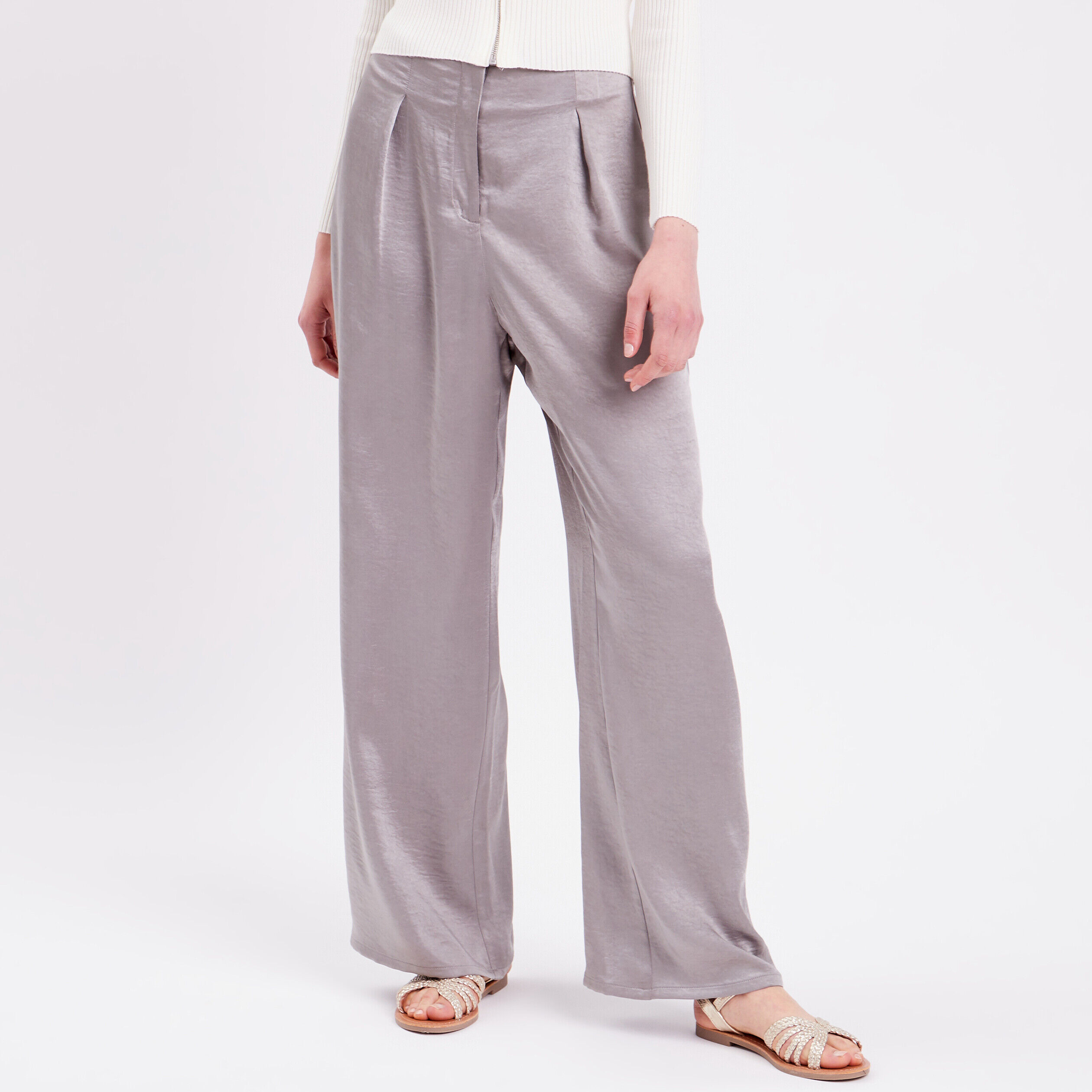 Pantalon large fluide satiné gris argent femme | Cache Cache