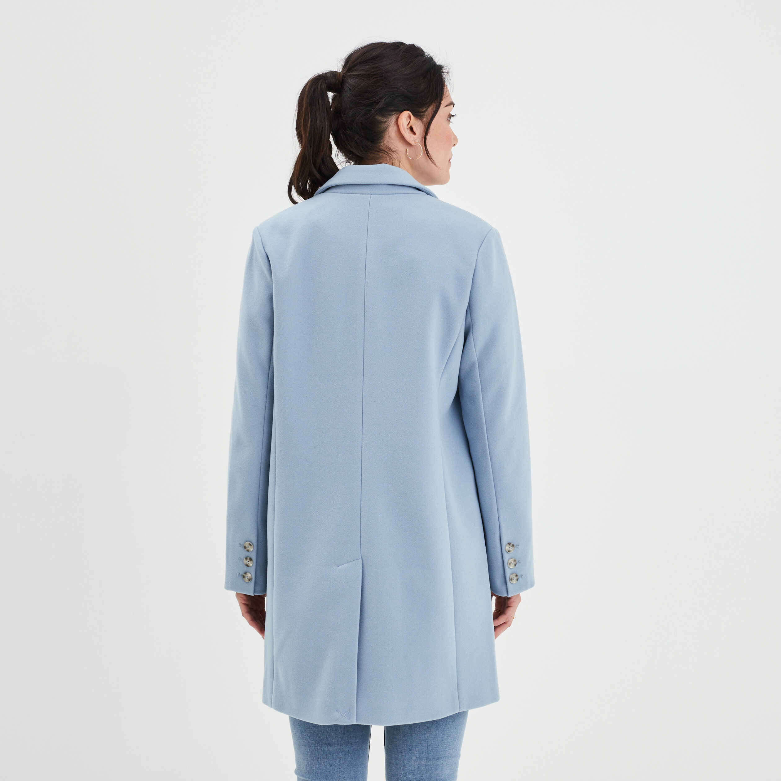 Manteau doublé long droit boutonné bleu gris femme | La Halle