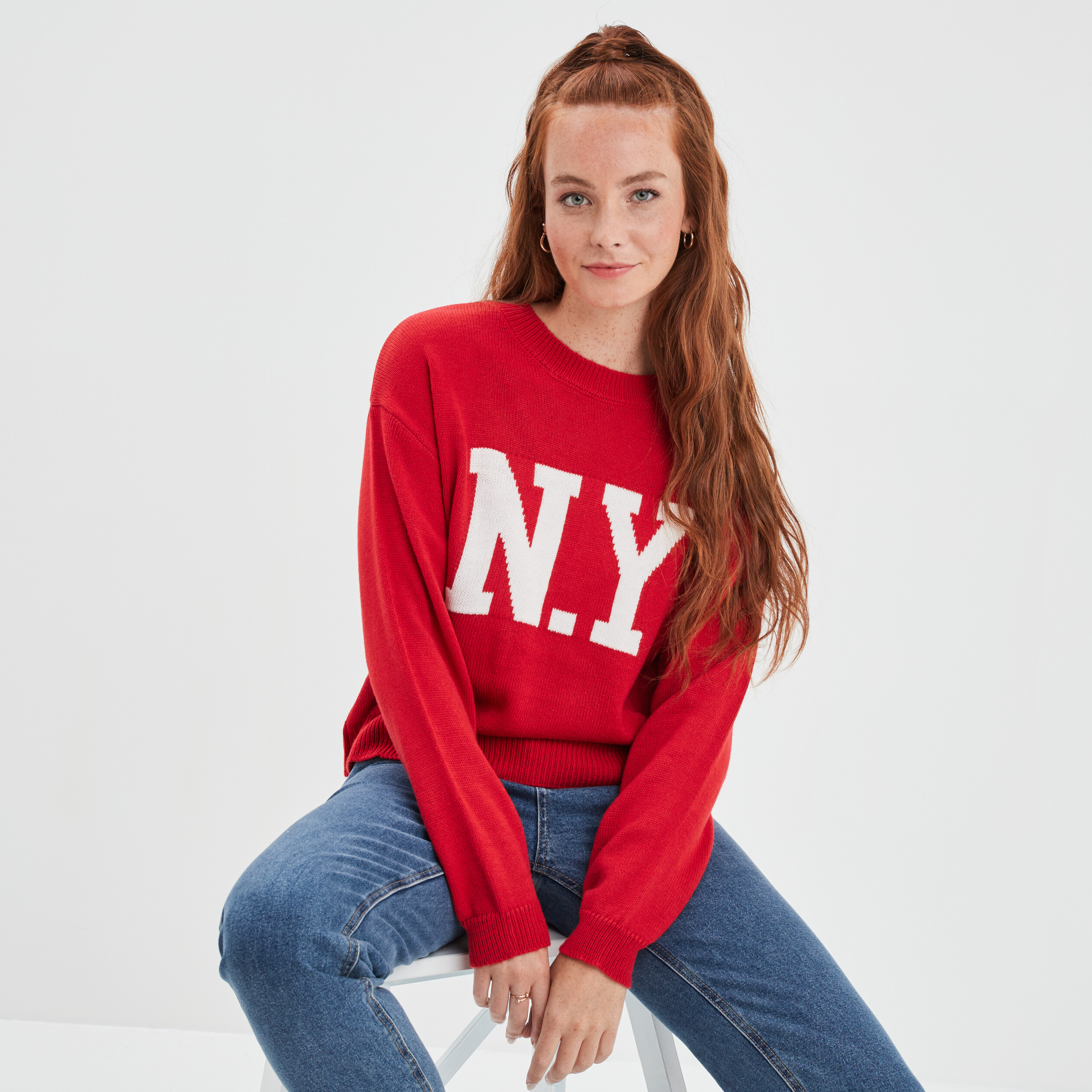 Pull col rond manches longues Creeks rouge femme | La Halle