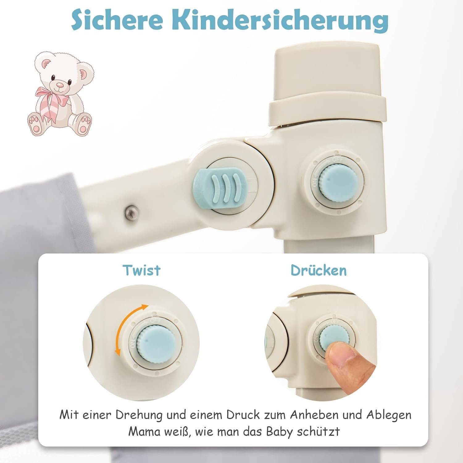 KOMFOTTEU Bettschutzgitter Babybettgitter, mit Doppelschlos(145cm, Bär)
