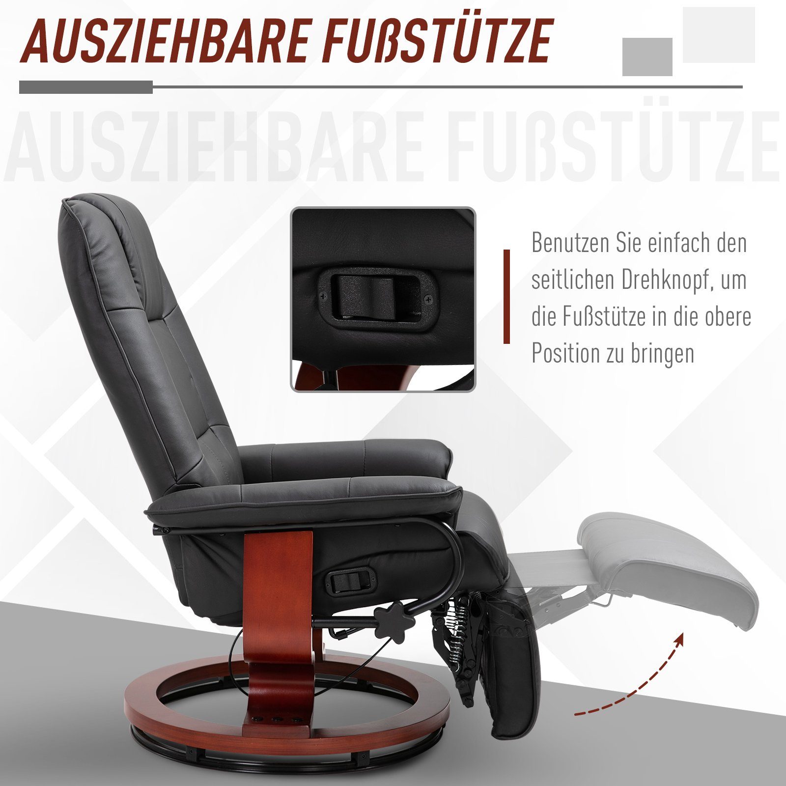 HOMCOM Relaxsessel Fernsehsessel Liegesessel Drehstuhl Holzfuß neigbar Schwarz