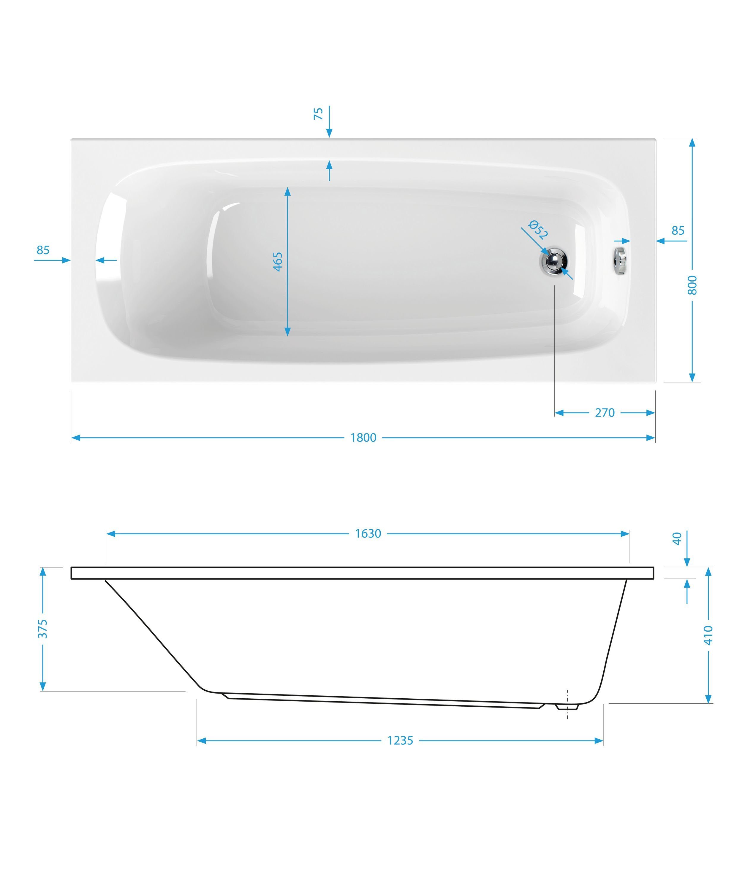 aquaSu Badewanne meLeo, (1-tlg), Weiß, 180 x 80 cm, Acryl, Rechteckbadewanne, 827126
