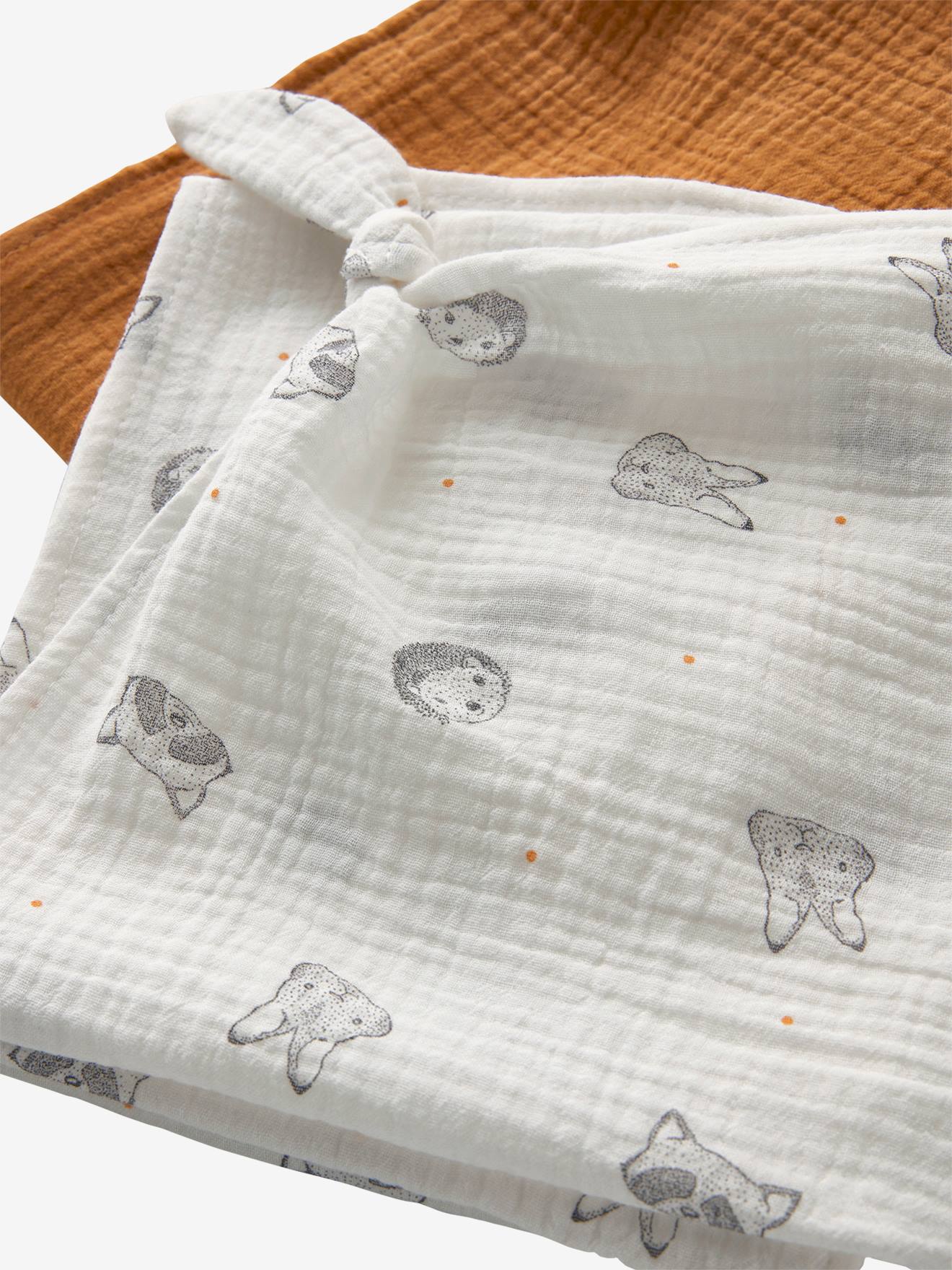 Lot de 3 langes MINI COMPAGNIE en gaze de coton bio* 2 écrus imprimés + 1 uni caram