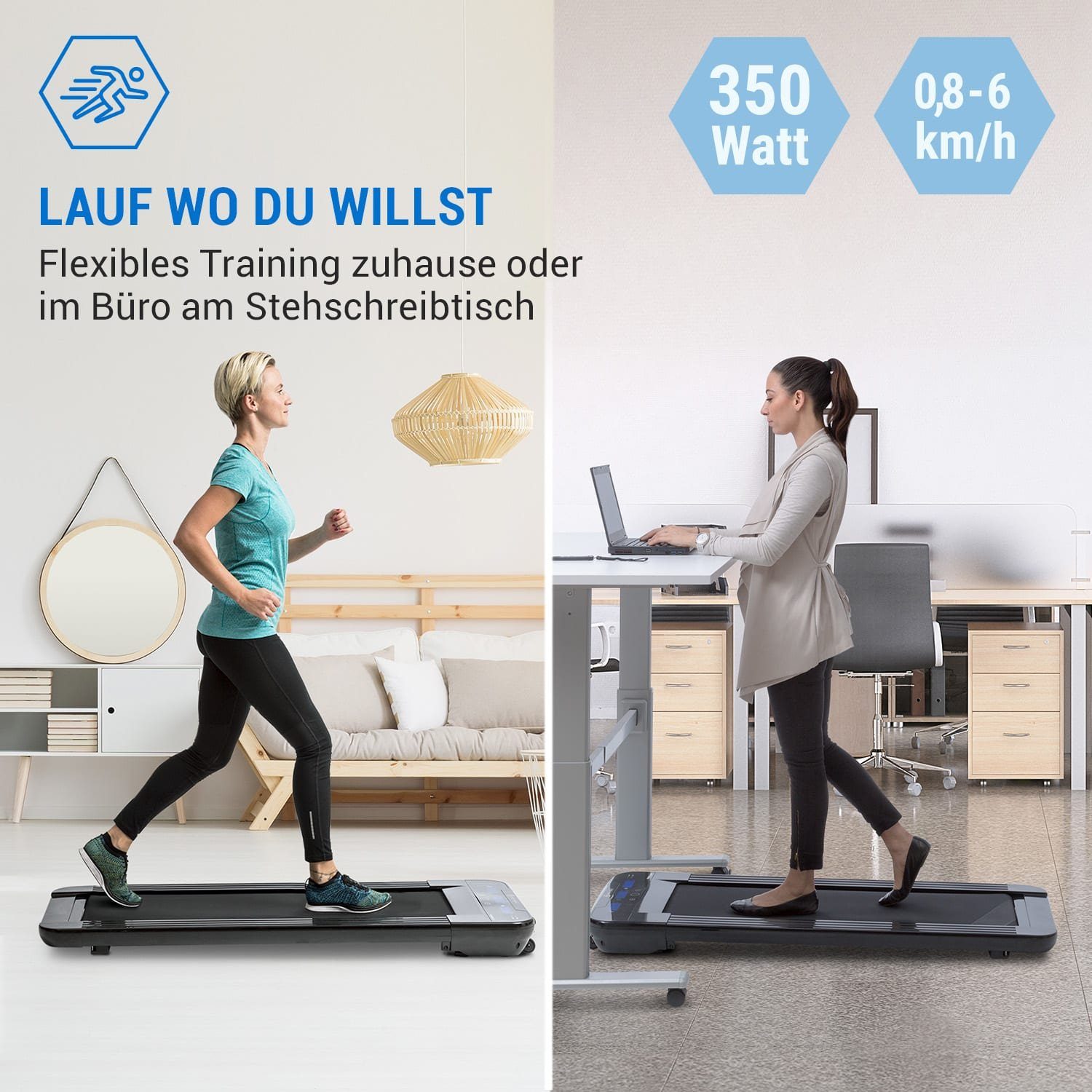 Capital Sports Laufband Workspace Go Laufband, 350 W, 0,8 - 6 km/h, 11 cm Höhe, schwarz