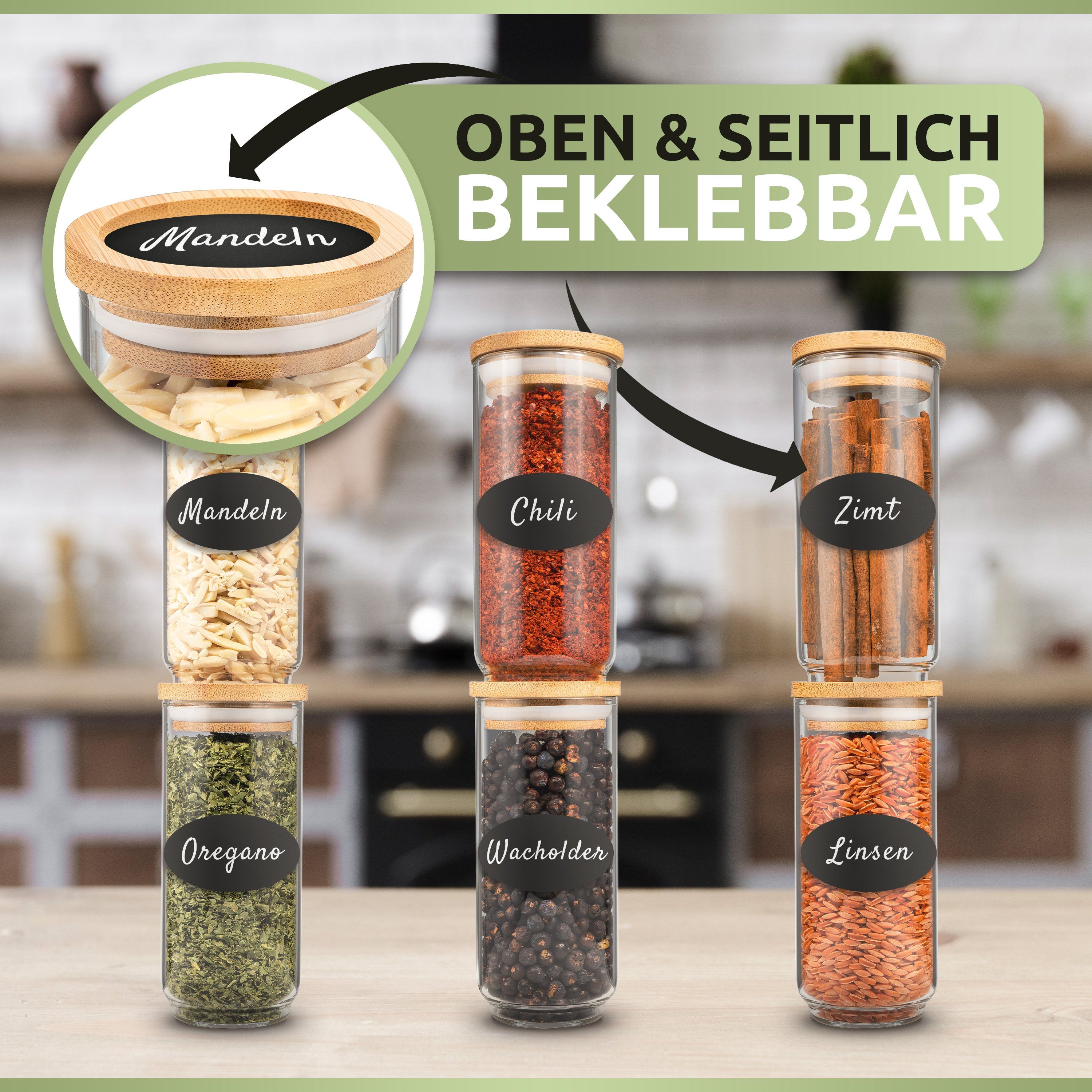 PORADA Gewürzbehälter Gewürzgläser 250 ml Set stapelbare Glasbehälter mit Deckel, (Set, 6-tlg., 6x Gewürzgläser 250ml, 12x runde Aufkleber, 12x ovale Aufkleber), Handarbeit, platzsparend, stapelbar. Bambusdeckel, geruchsdicht