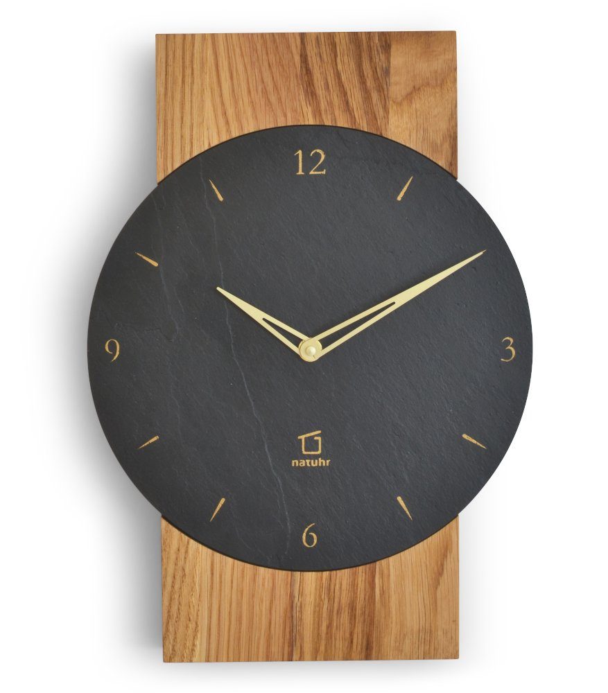 Natuhr Funkwanduhr Natuhr Wanduhr - Watzmann - Holz Eiche Schiefer Stein geräuscharm (geräuscharmes Quarz-Uhwerk oder ganggenaues Funkuhrwerk)