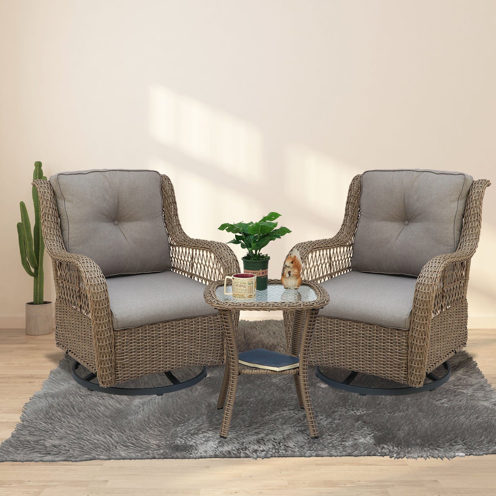 BIGTREE Rattanstuhl 3tlg.Drehbarer Sofasessel+Doppelter Tisch, 2 Farben