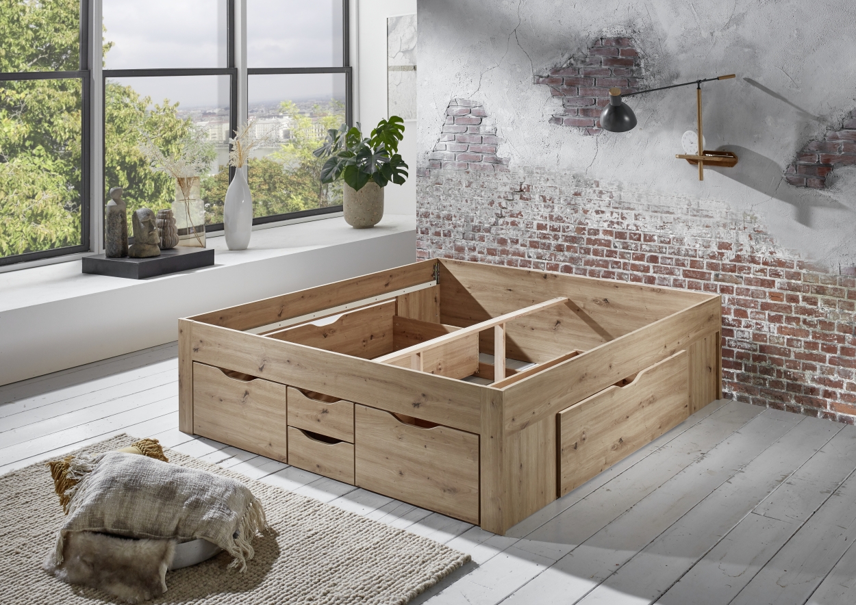 Relita Stauraumbett Noah 180 x 200 cm, ohne Lattenrost mit 6 Bettschubladen, Ausf. Eiche Artisan Dekor