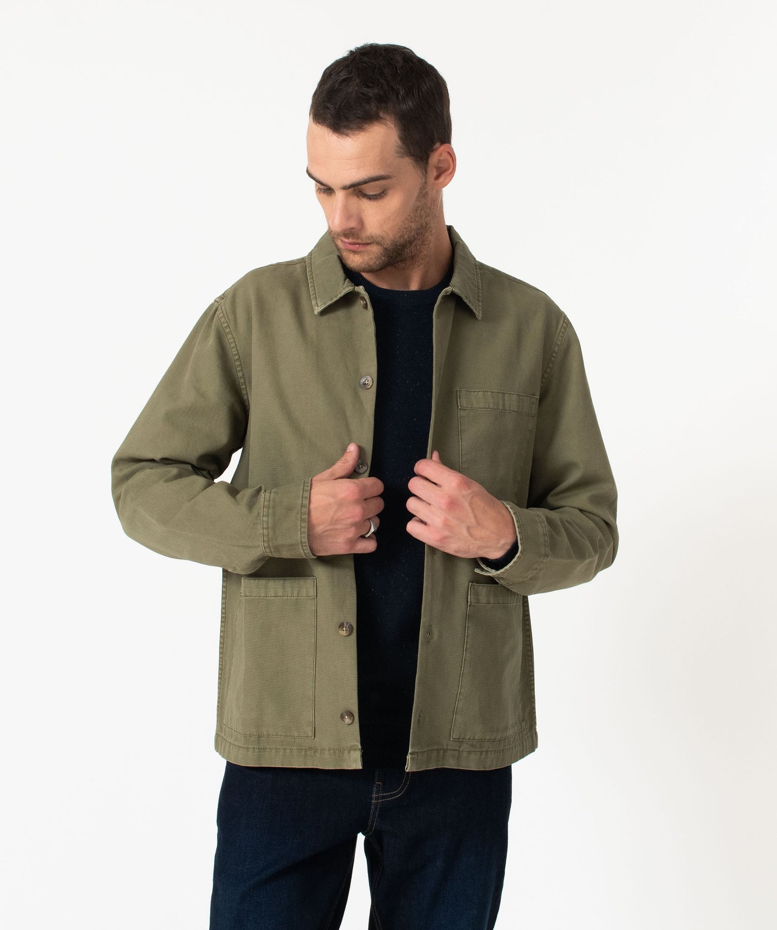 Veste droite en toile de coton à col chemise homme vert | GEMO