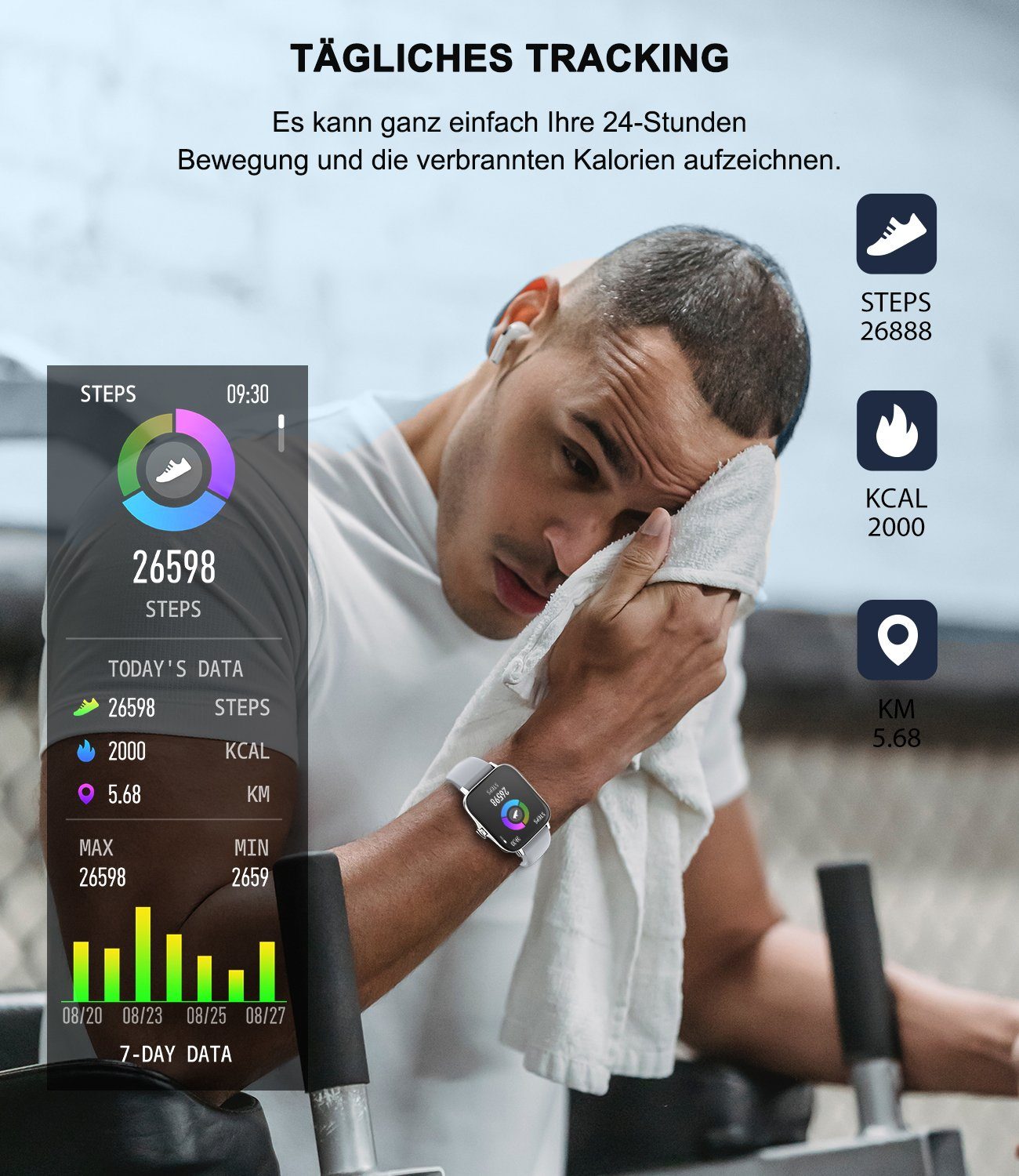 ombar Smartwatch für Damen Herren, 1,7 Zoll Touchscreen mit Bluetooth Anrufe Smartwatch (mit Herzfrequenzmonitor Schlafmonitor Schrittzähler, Sportuhr für iOS Android cm/1,7 Zoll), IP67 Wasserdicht Fitnessuhr