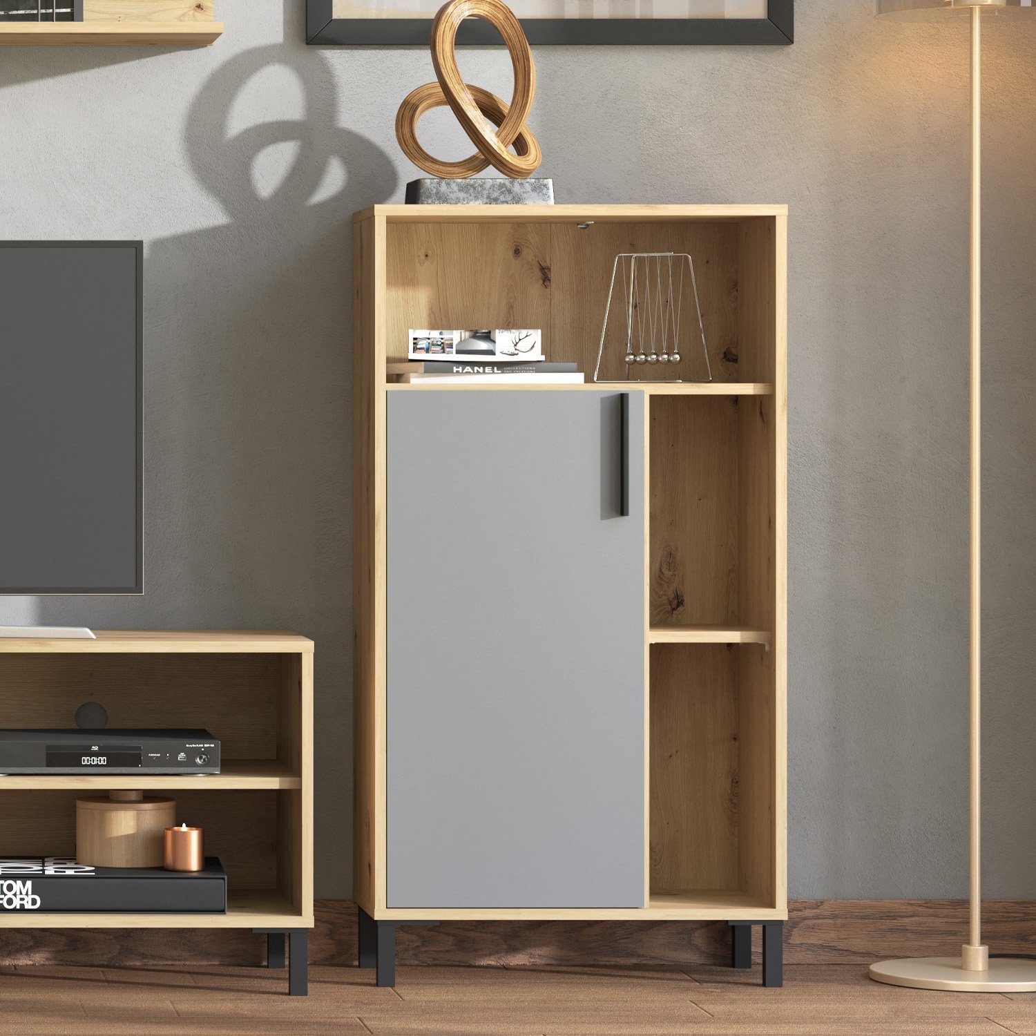 Homestyle4u Wohnwand Schrankwand 4 tlg. Anbauwand Weiß Grau, (4-St)