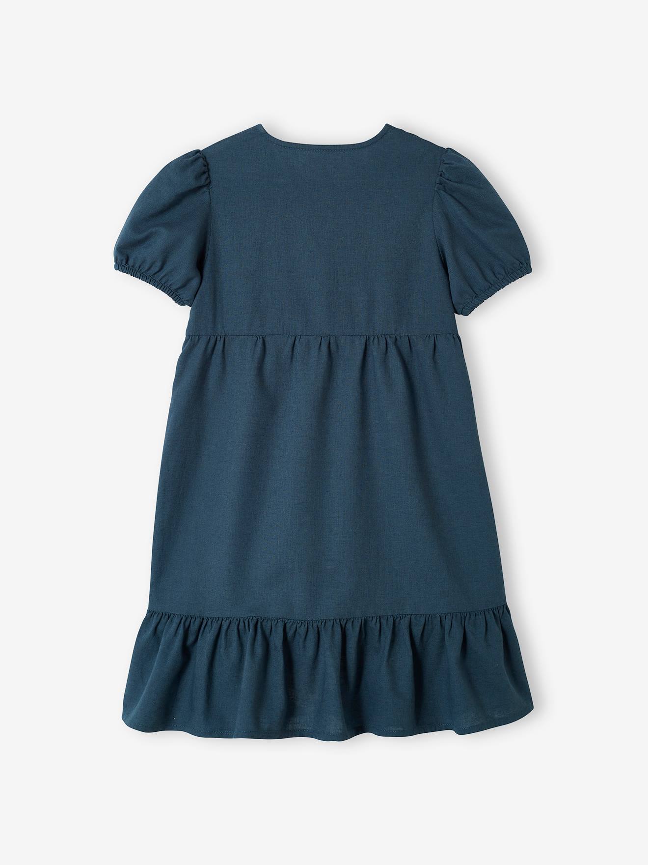 Vertbaudet Mädchen Kleid mit Knopfleiste, Leinenmix - nachtblau