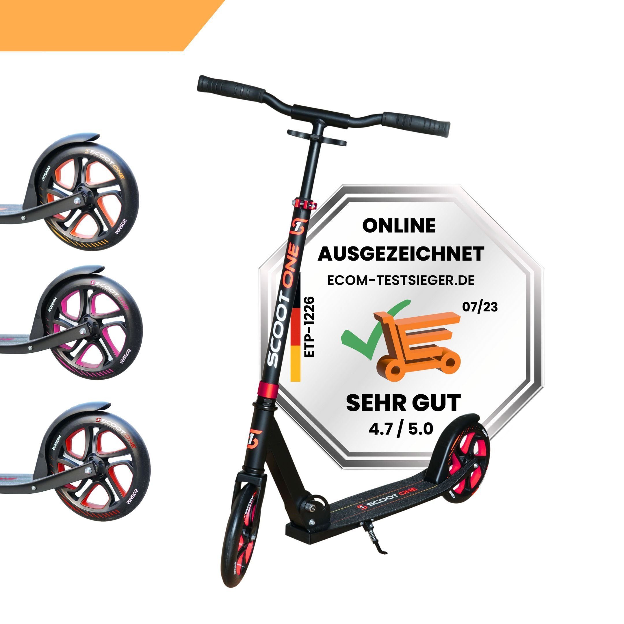 Scoot One Cityroller Höhenverstellbarer Tretroller S2, Kickroller 205mm – Aluminium Roller, klappbar