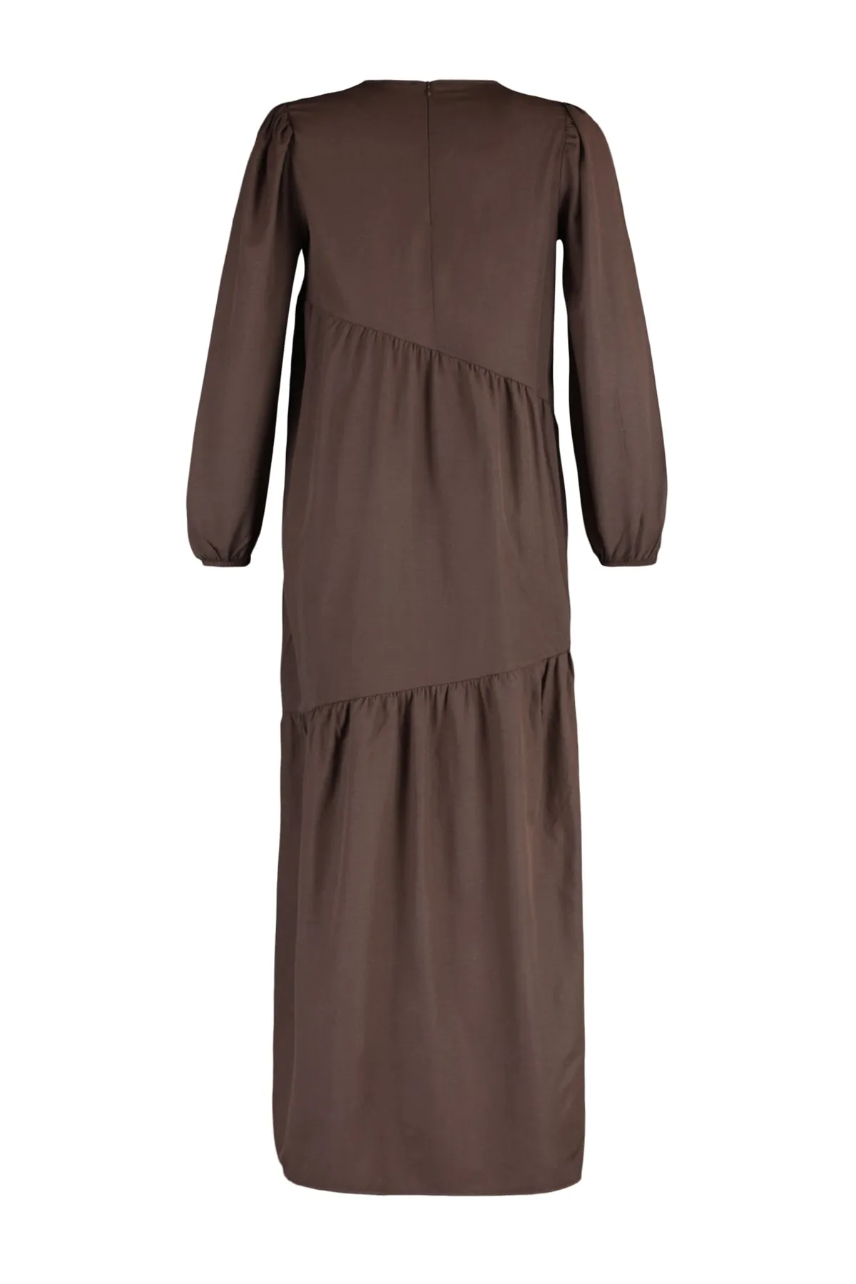 Trendyol Modest  Braunes, gerafftes Popeline-Gewebekleid mit Rundhalsausschnitt TCTSS21EL3470