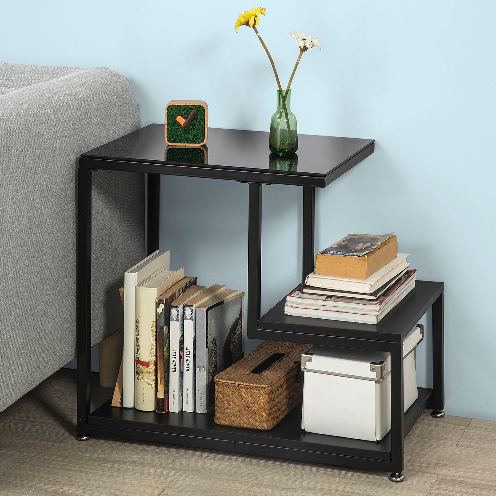 SoBuy Beistelltisch FBT65, mit Glasplatte Sofatisch Glastisch Couchtisch mit 3 Ablagen schwarz