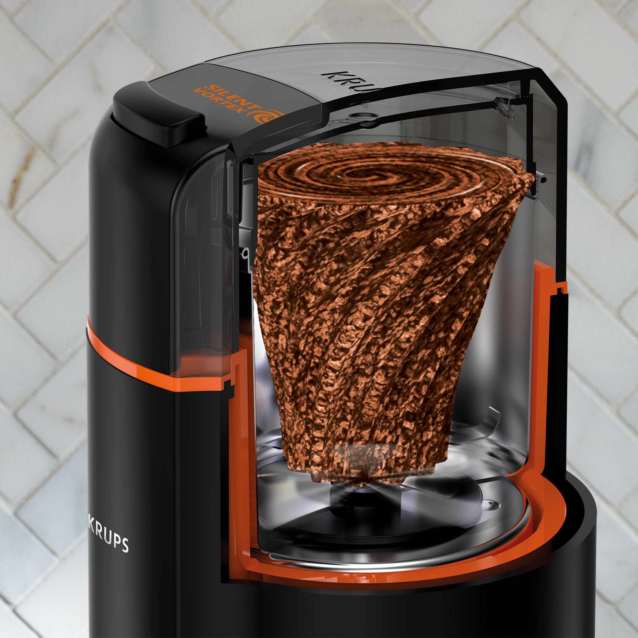 Krups Kaffeemühle GX3328 Silent Vortex, 175 W, Schlagmesser, 90 g Bohnenbehälter, leistungsstark, effizient, superleise, für 12 Tassen, 3-in-1-Mahlwerk