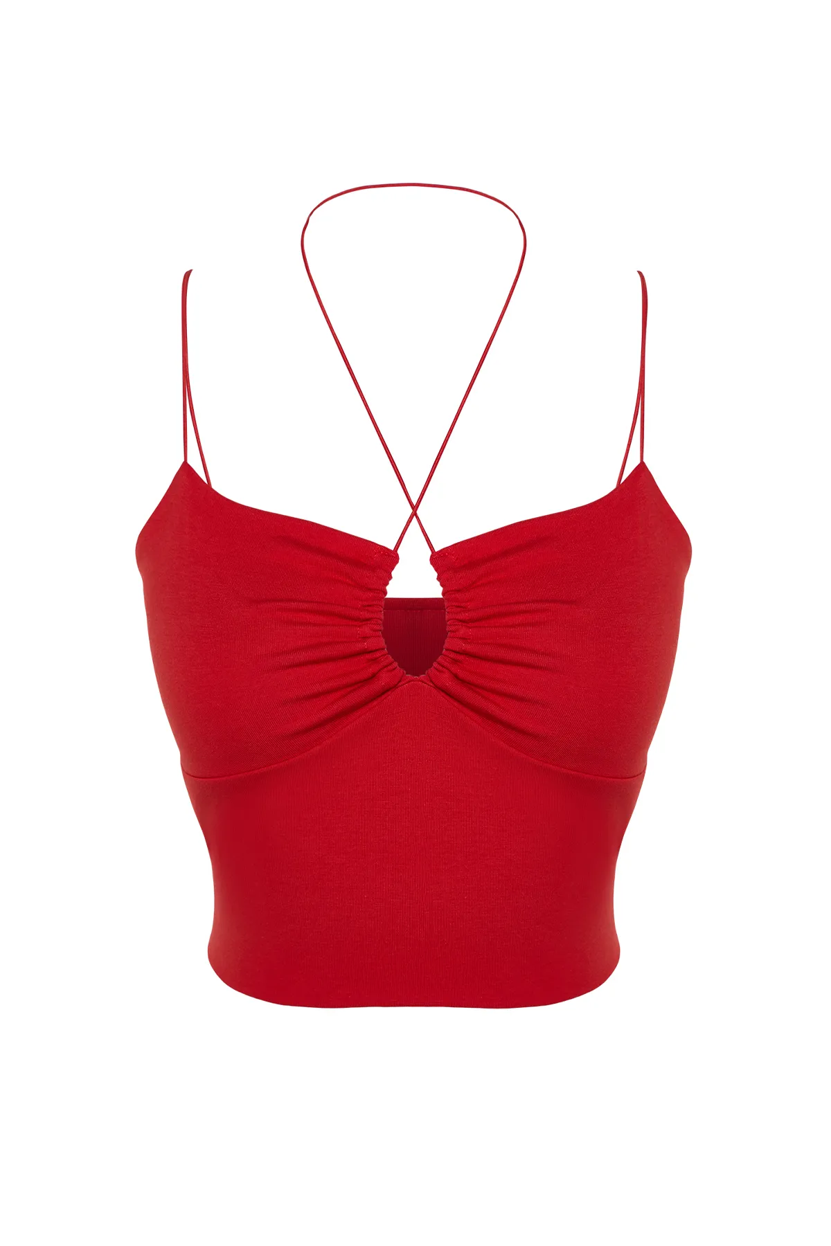 Trendyol Collection  Rotes Neckholder-Tanktop mit Spaghettiträgern aus dehnbarer Baumwolle, kurz gestrickt TWOSS23AL00046