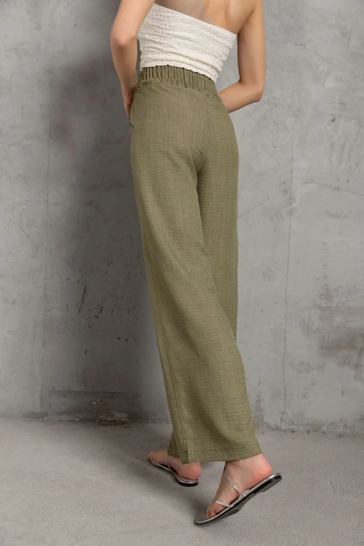 Domoda  Dekorative elastische Taille Weites Bein Doppeltasche Baumwolle Damenhose @Como