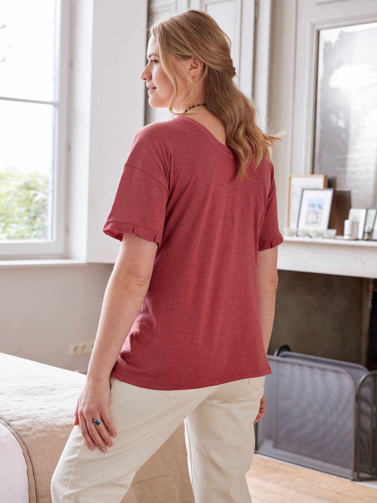 T-shirt maille flammée grossesse et allaitement terracotta