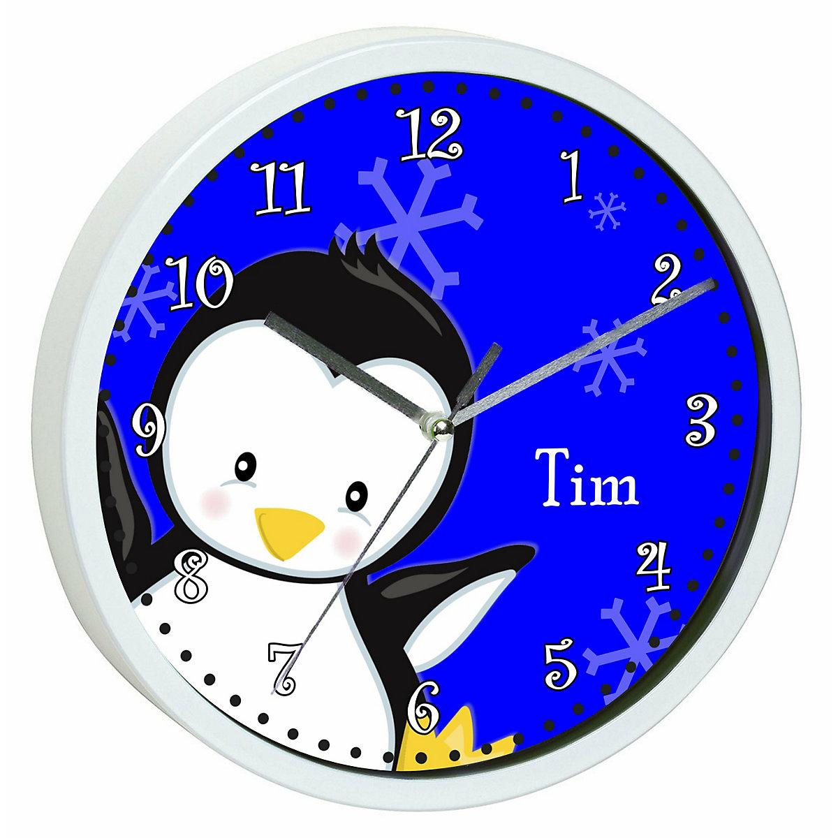 Kinder Wanduhr personalisiert mit Name Pinguin blau