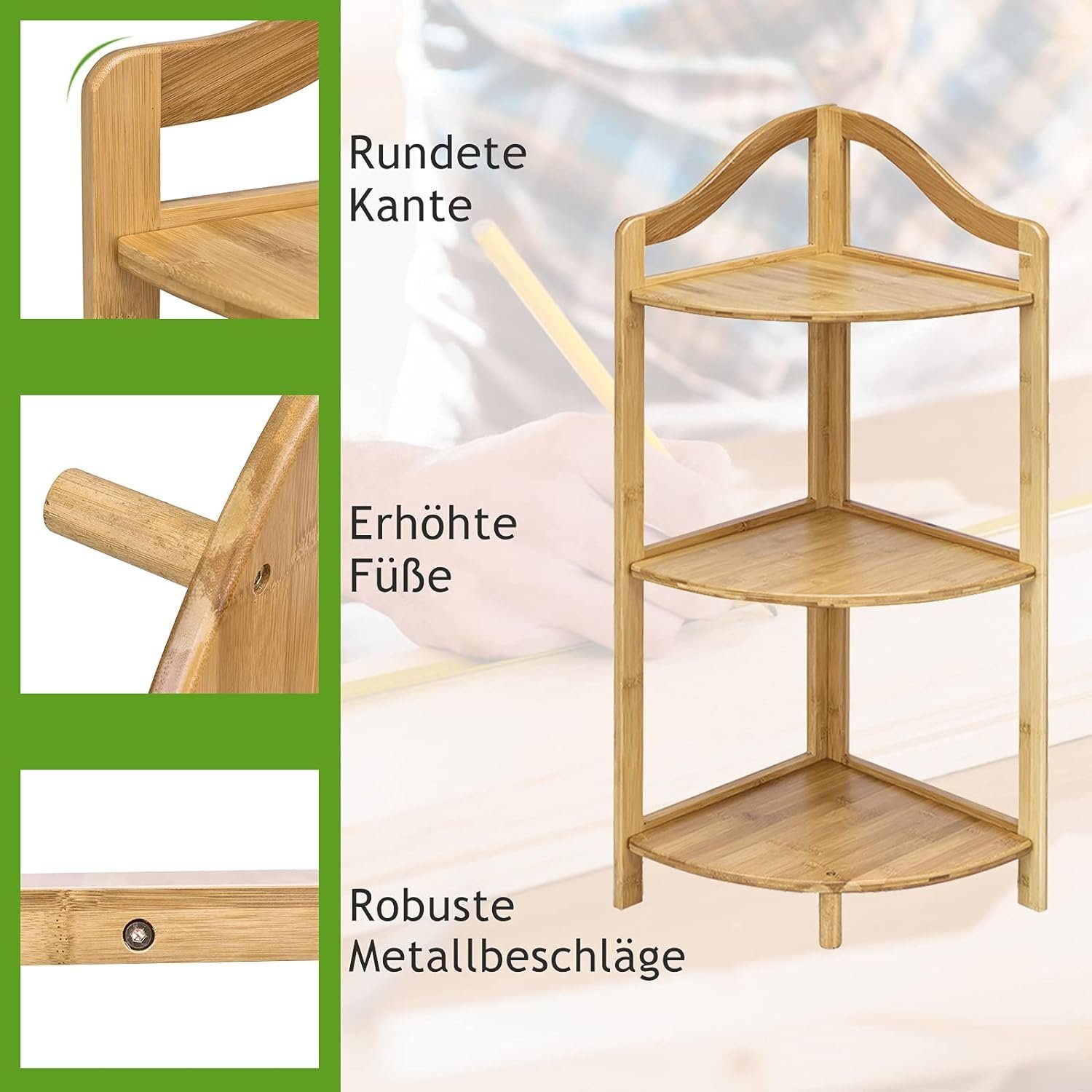 KOMFOTTEU Eckregal Standregal, mit 3 Etagen, aus Bambu, 33 × 33 × 85 cm