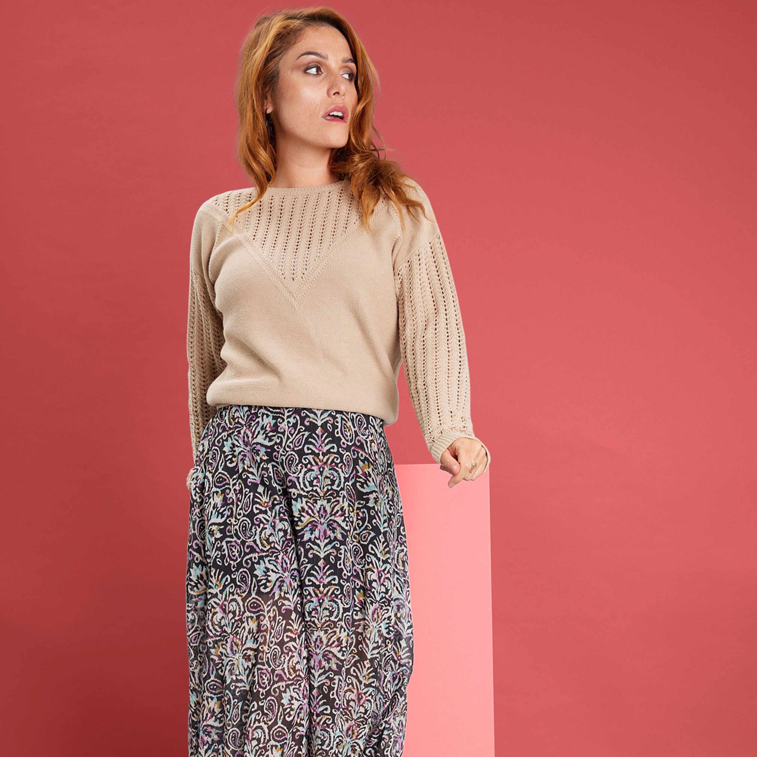 Pull ajouré col et manches Liberto beige femme | La Halle