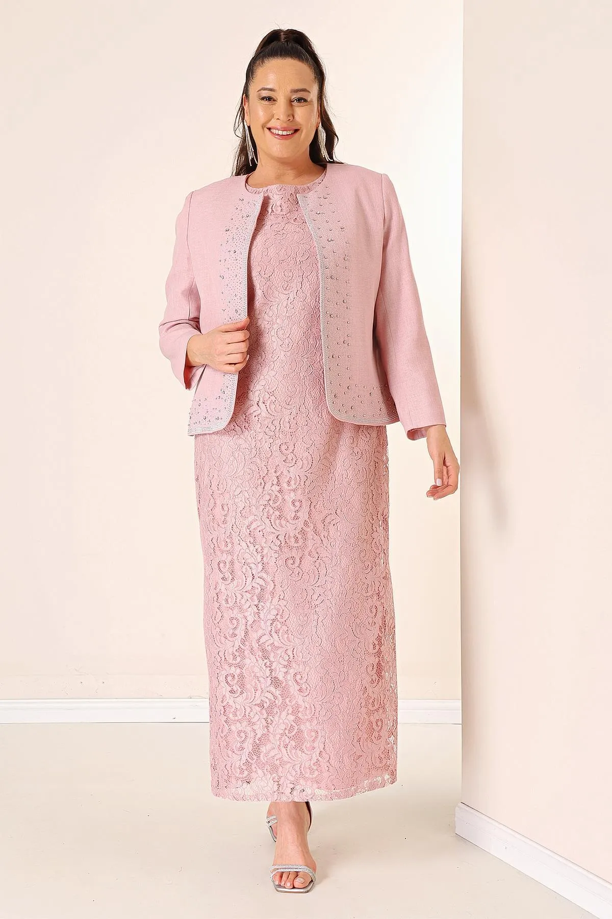 By Saygı  Ärmelloses langes Kleid mit Blumenspitze, steinverzierte Crêpe-Jacke, gefüttert, große Größe, 2-teiliges Set
