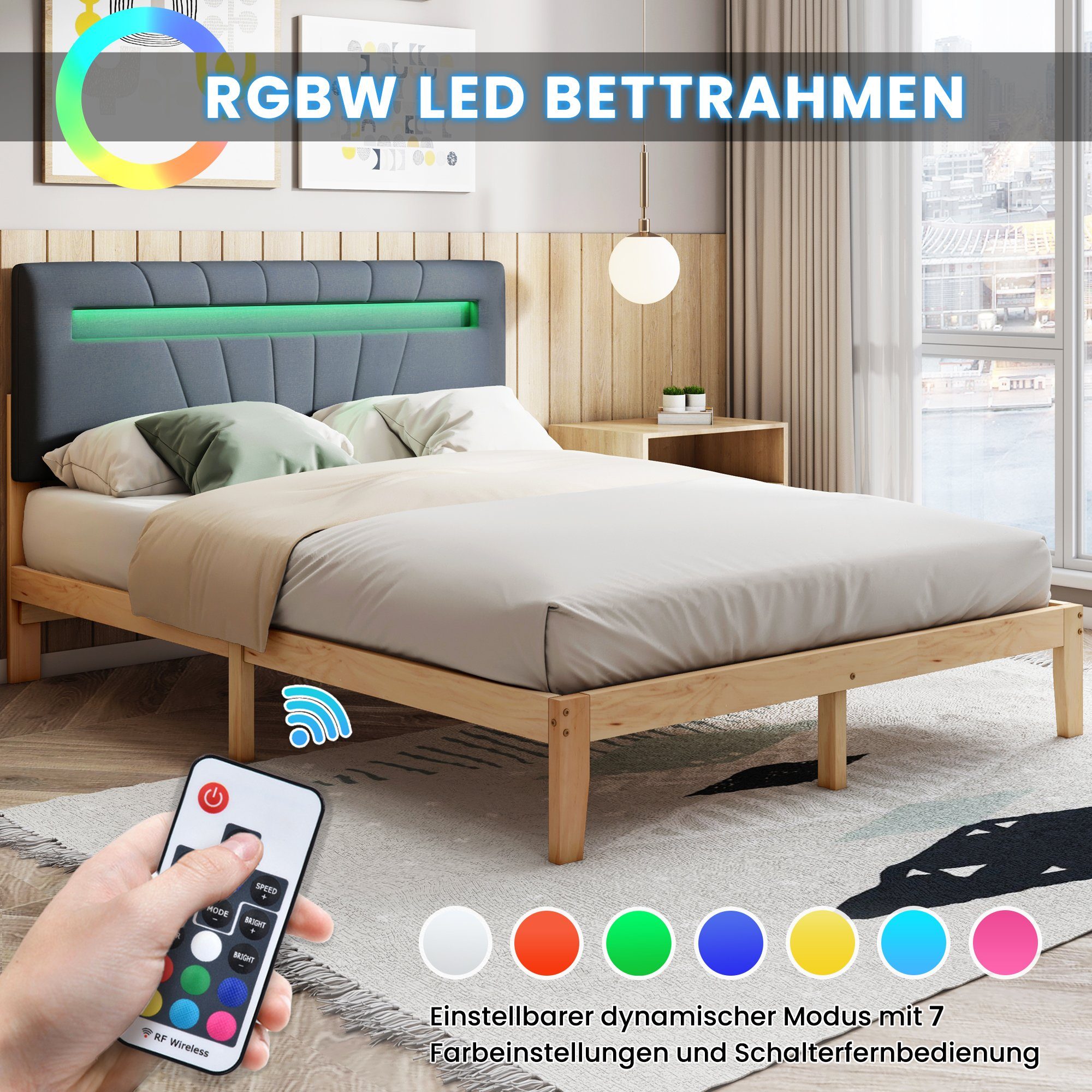 HAUSS SPLOE Holzbett Doppelbett Holzbett Bettrahmen Kinderbett Polsterbett (aus Massivholz Mit Matratze, mit LED-Lichtleiste 140x200 cm)