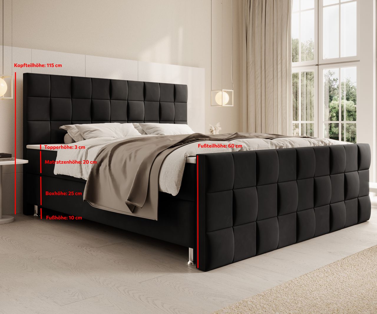 IHG Boxspringbett Tarifa 180x200cm Velour Schwarz / SL 3 / Deren 22