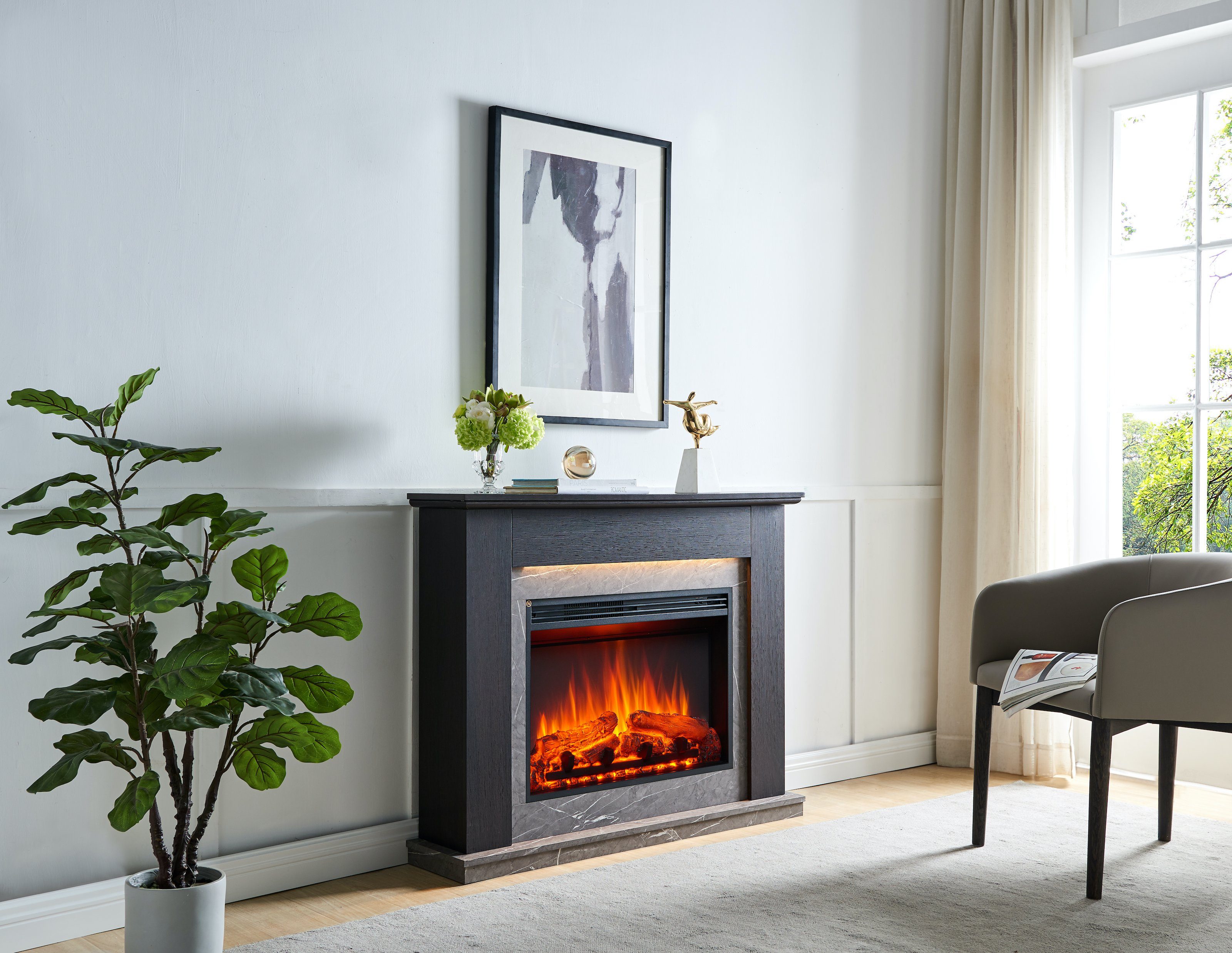CrownFlame Elektrokamin Ajax, Standkamin mit Heizung 2000W, Heizung, LED-Beleuchtung, 3D-Flammeneffekt & Fernbedienung