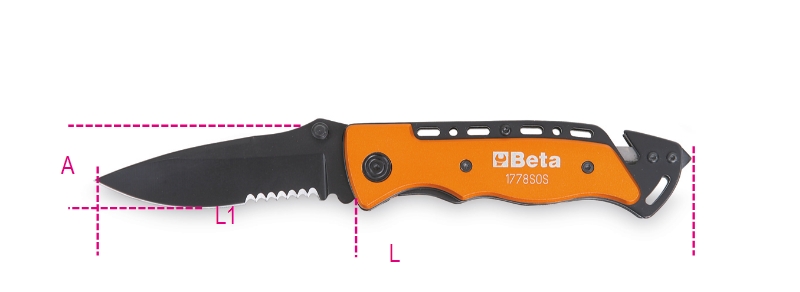 Beta 017780080 1778SOS Klappmesser mit Scheibenbrecher und Gurtschneider. In Scheide.