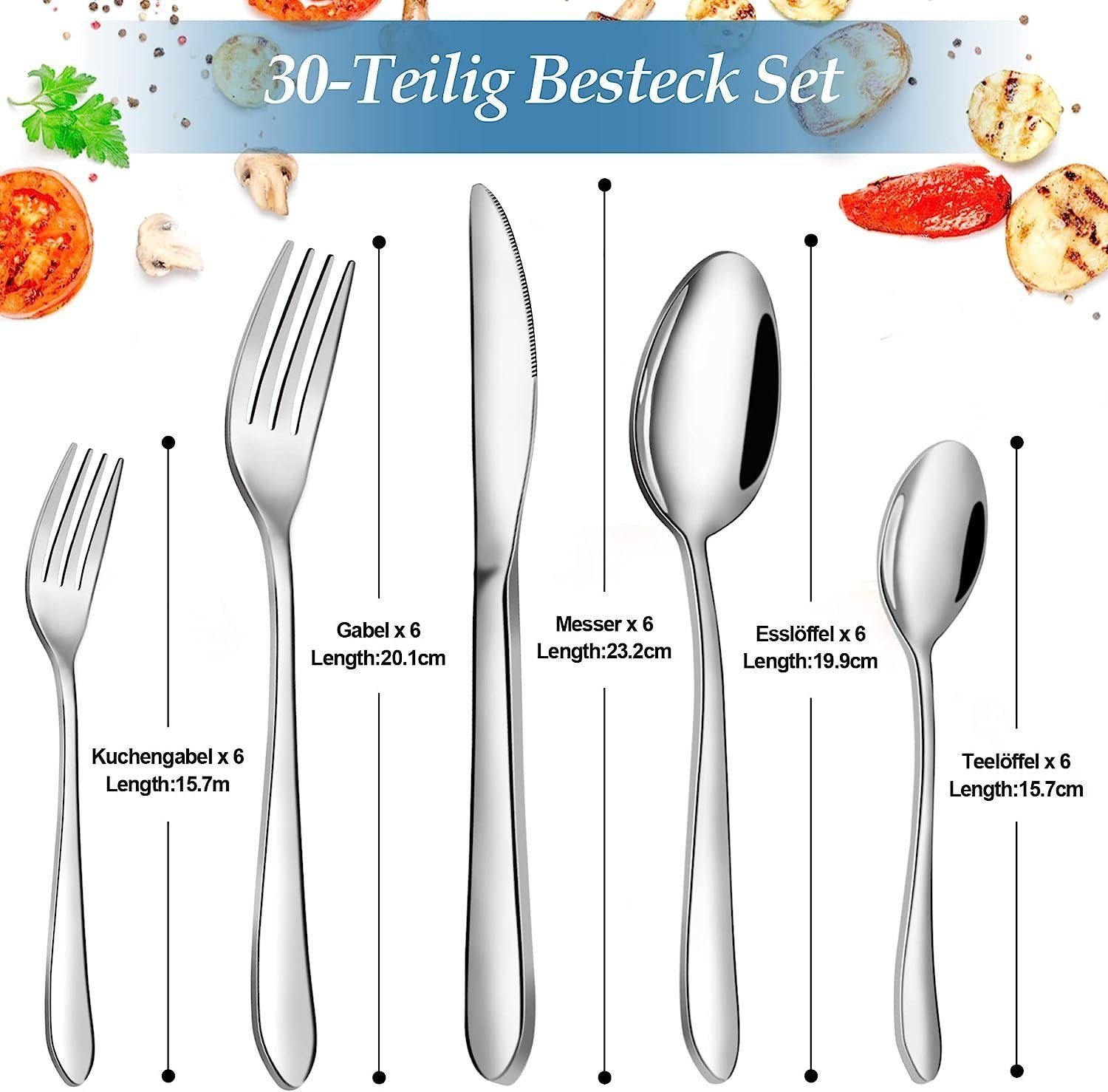 Mutoy Besteck-Set Besteckset,30 Stück Edelstahl Besteck Set 6 Personen,Spiegelpoliert, für Restaurant Party Hochzeit,Spülmaschinenfest,mit Ständer