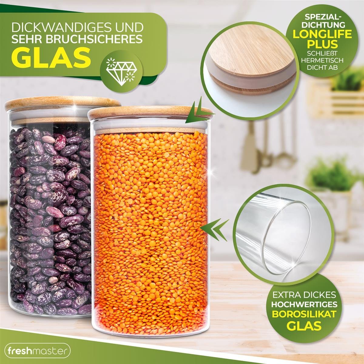 Fresh Master Vorratsglas Vorratsdosen Glas mit Bambus-Deckel, Borosilikatglas, (8-tlg), mit Bambusdeckel