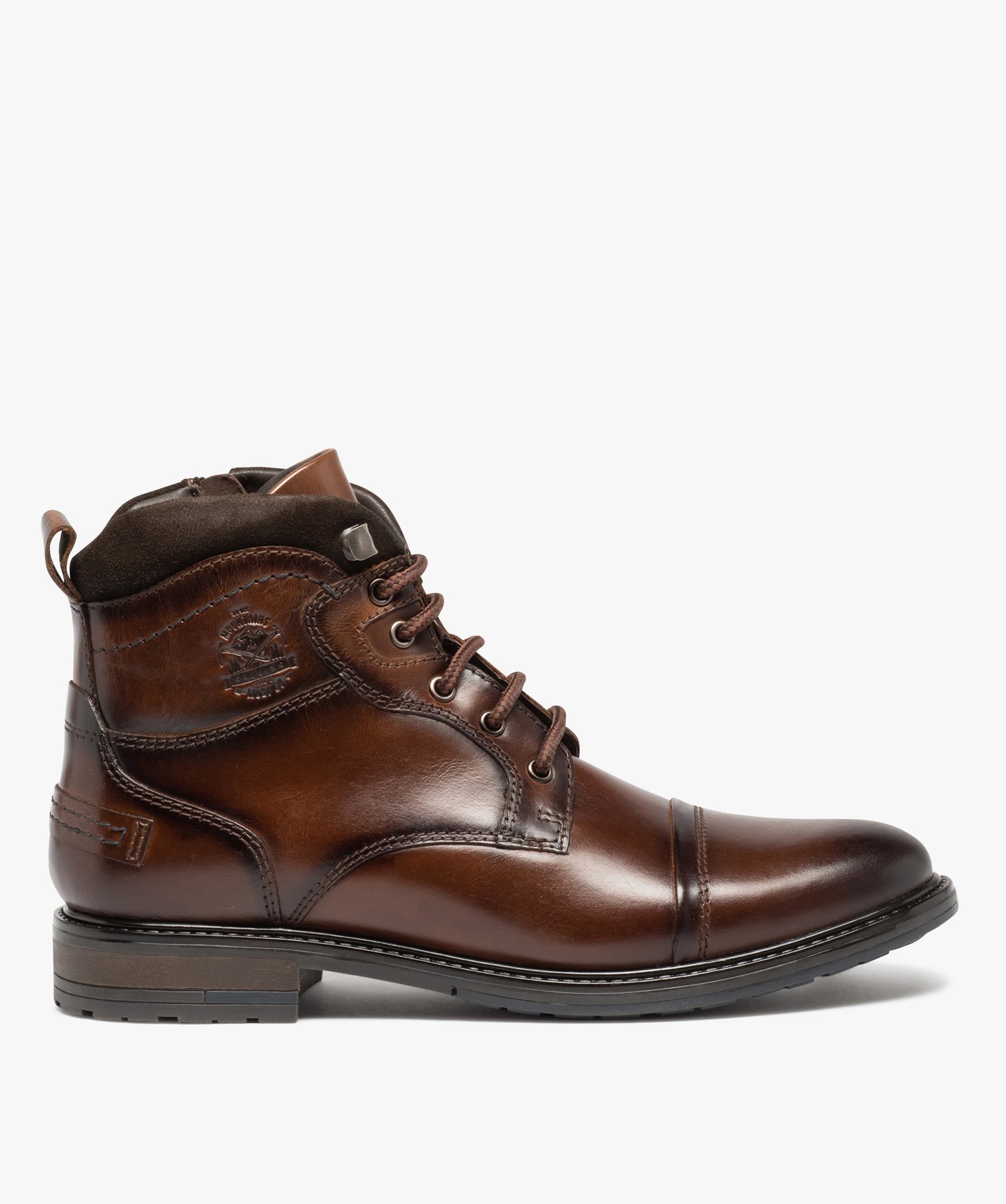 Boots homme dessus en cuir uni à zip et à lacets marron | GEMO