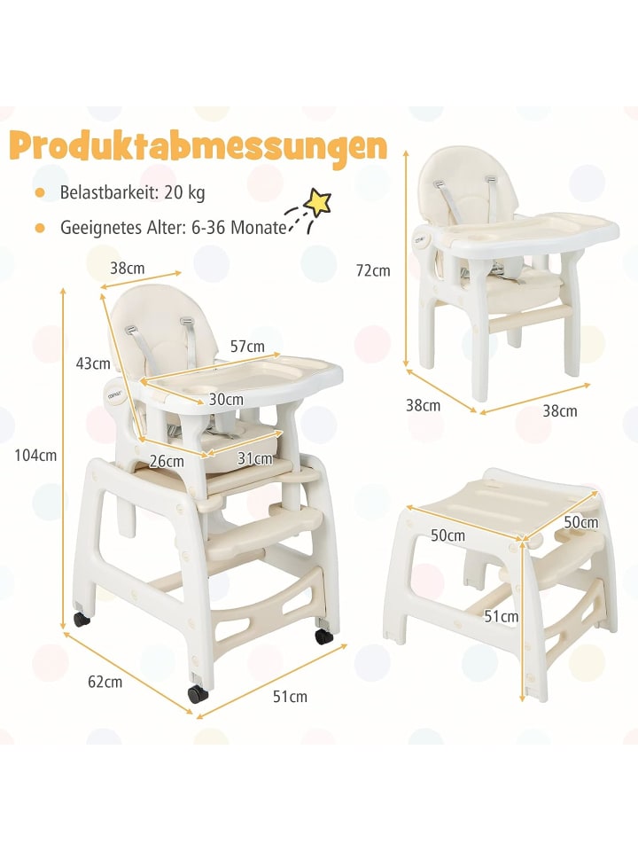 COSTWAY 3 in 1 Hochstuhl in Beige günstig kaufen 51 cm