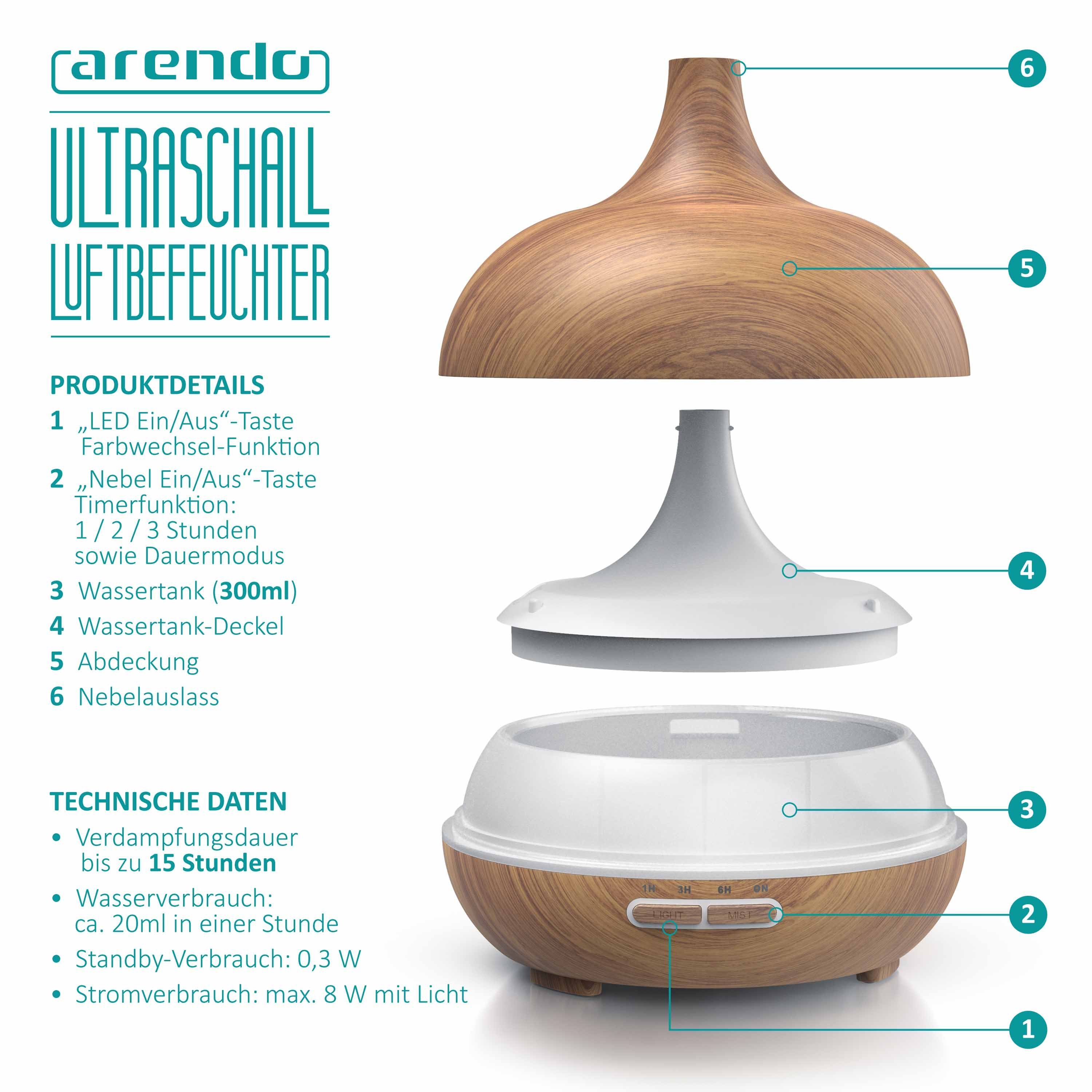 Arendo Diffuser, 0,3 l Wassertank, Aroma Diffusor, Holz Design, LED, Timer, 7 Farben Wechsel, 300ml