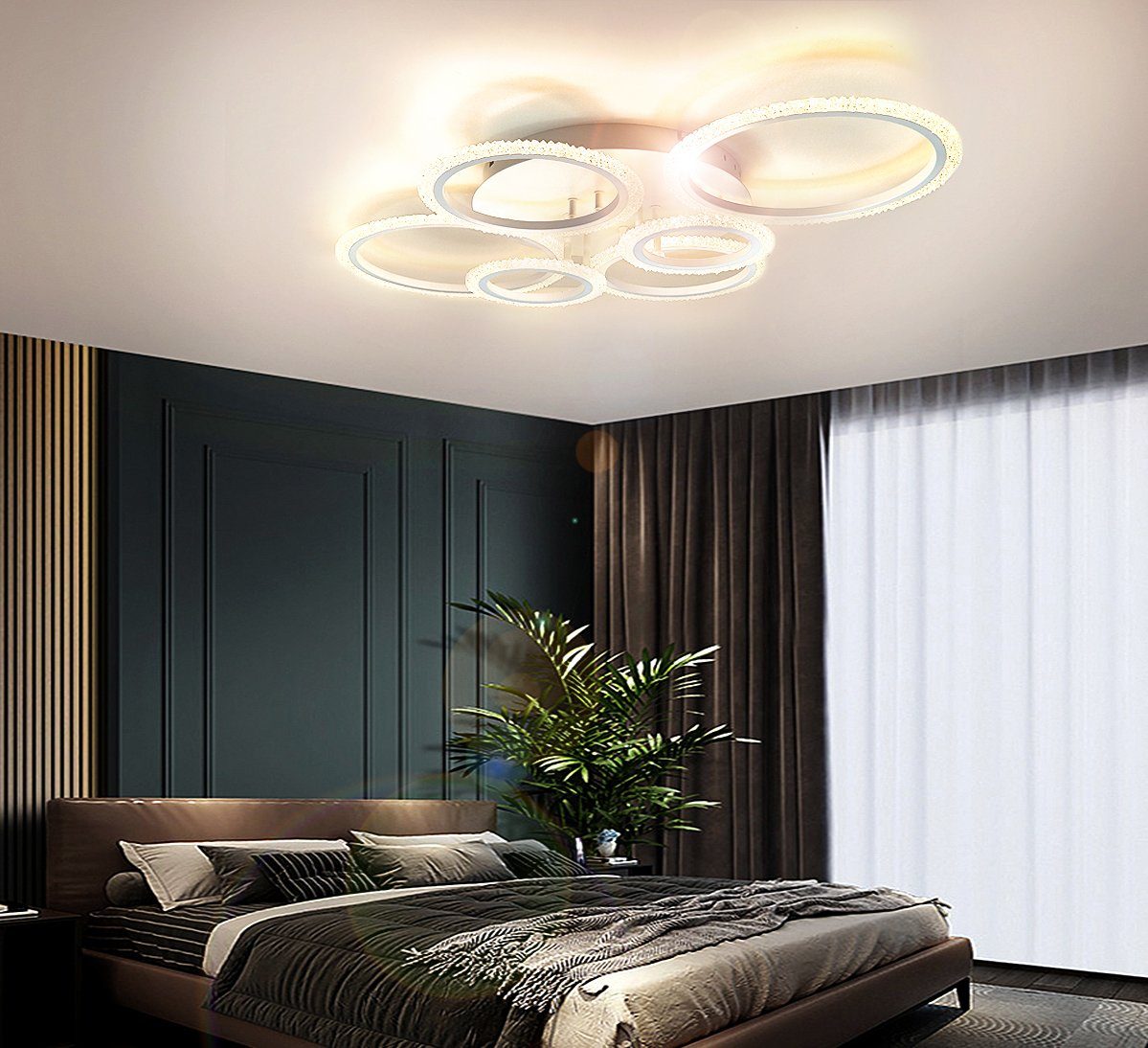 Lewima LED Deckenleuchte XL-XXL groß glitzernd funkelnd Deckenlampe 11-45W, Dimmbar per Fernbedienung, Einstellungen werden gespeichert, Farbwechsel Warmweiß / Kaltweiß / Neutralweiß einstellbar, 6 Ringe Weiß, 86x58cm