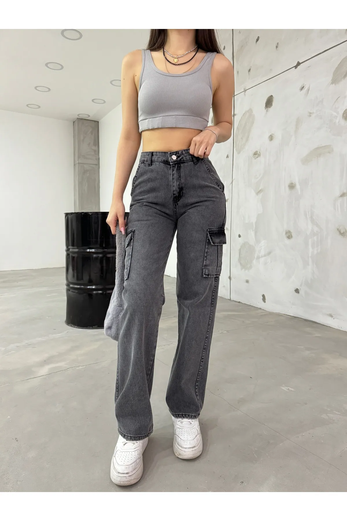 BİKELİFE  Geräucherte Damen-Cargohose mit hoher Taille und weitem Bein