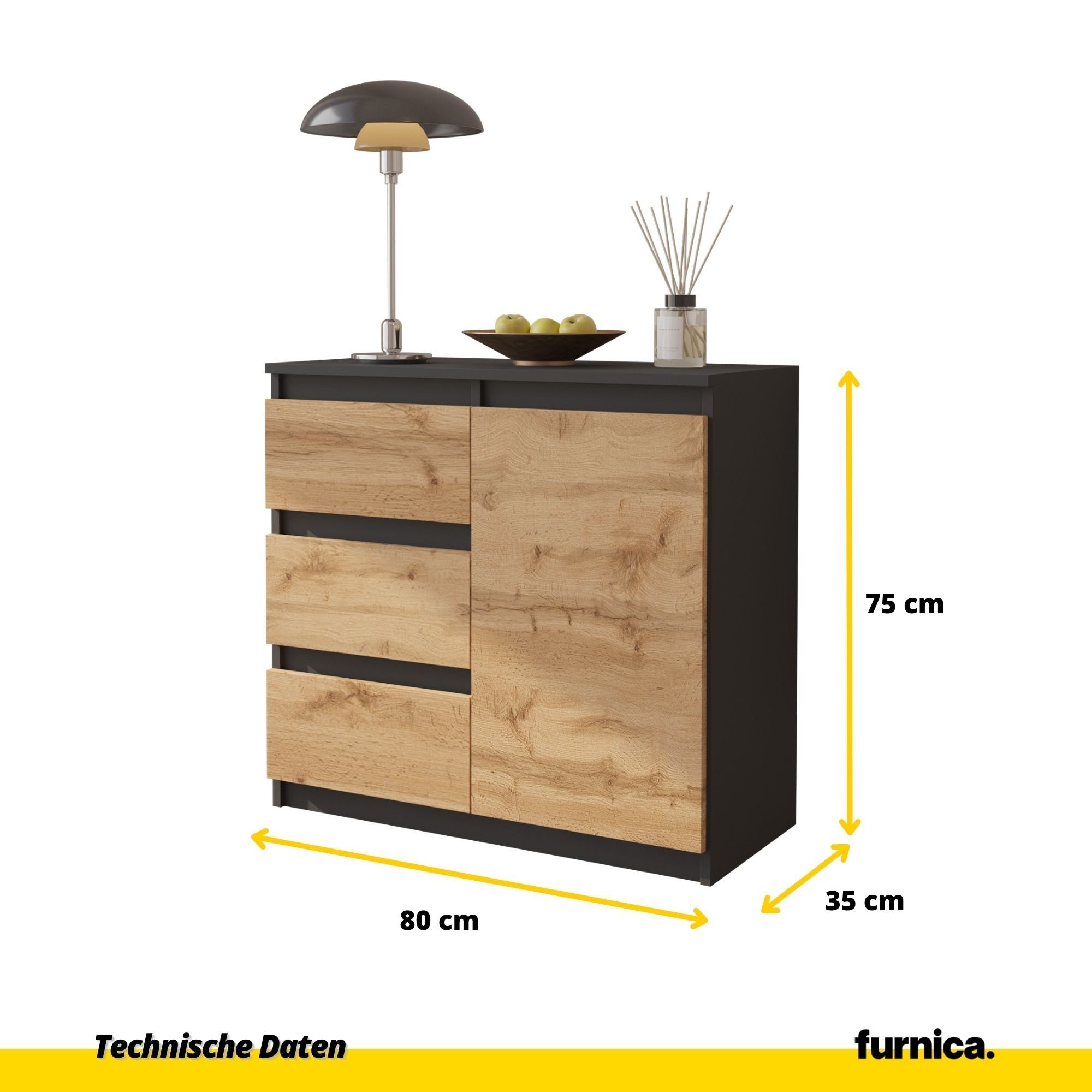 Furnica Kommode MIKEL, 3 Schubladen und 1 Tür - Anthrazit Grau H75cm B80cm T35cm (1 St)