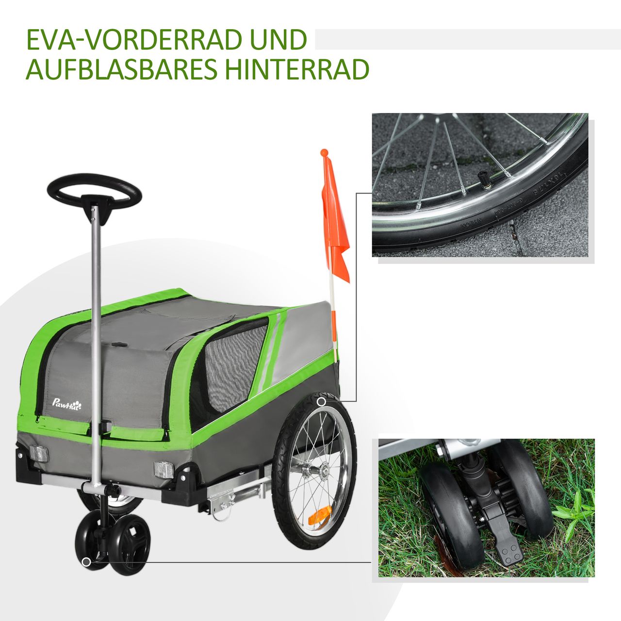 PawHut 2-in-1 Hundeanhänger Trolley für Haustier Lastenanhänger Grün Grau