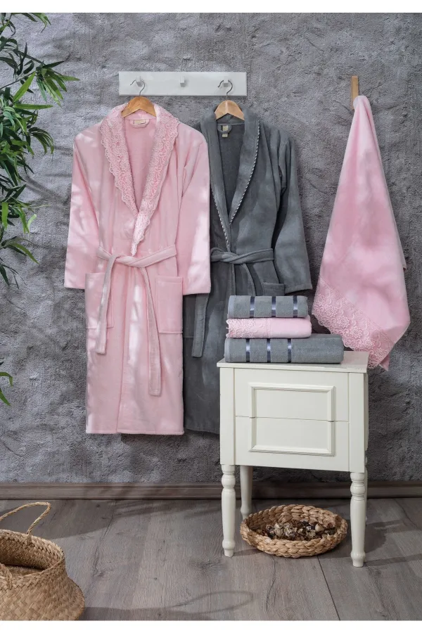 Güvenal  Paris 12-teiliges Samt-Bademantel-Set mit Spitze | Bademantel | Bademantel-Set | Mitgift festgelegt