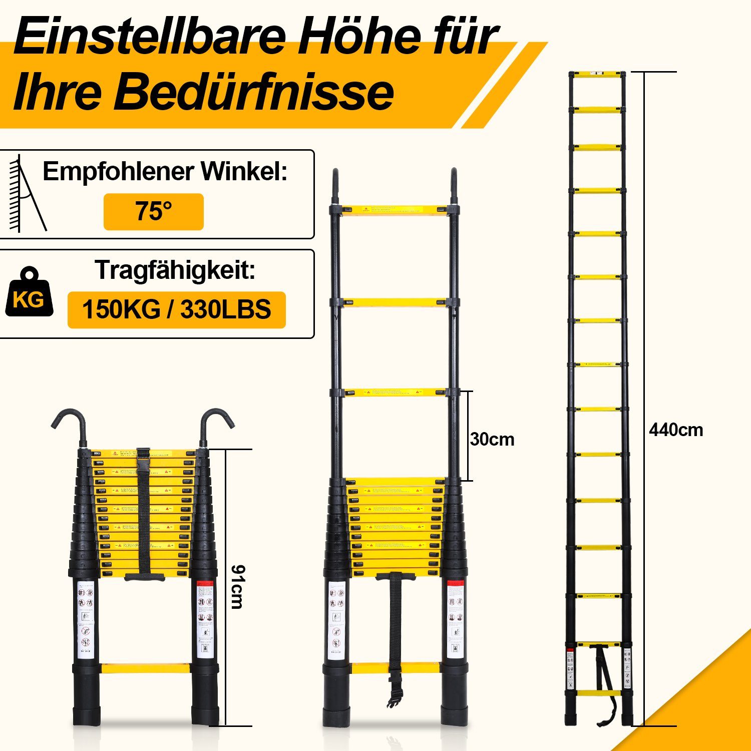Gimisgu Teleskopleiter Teleskopleiter Alu 4.4m Ausziehleiter mit haken Anlegeleiter