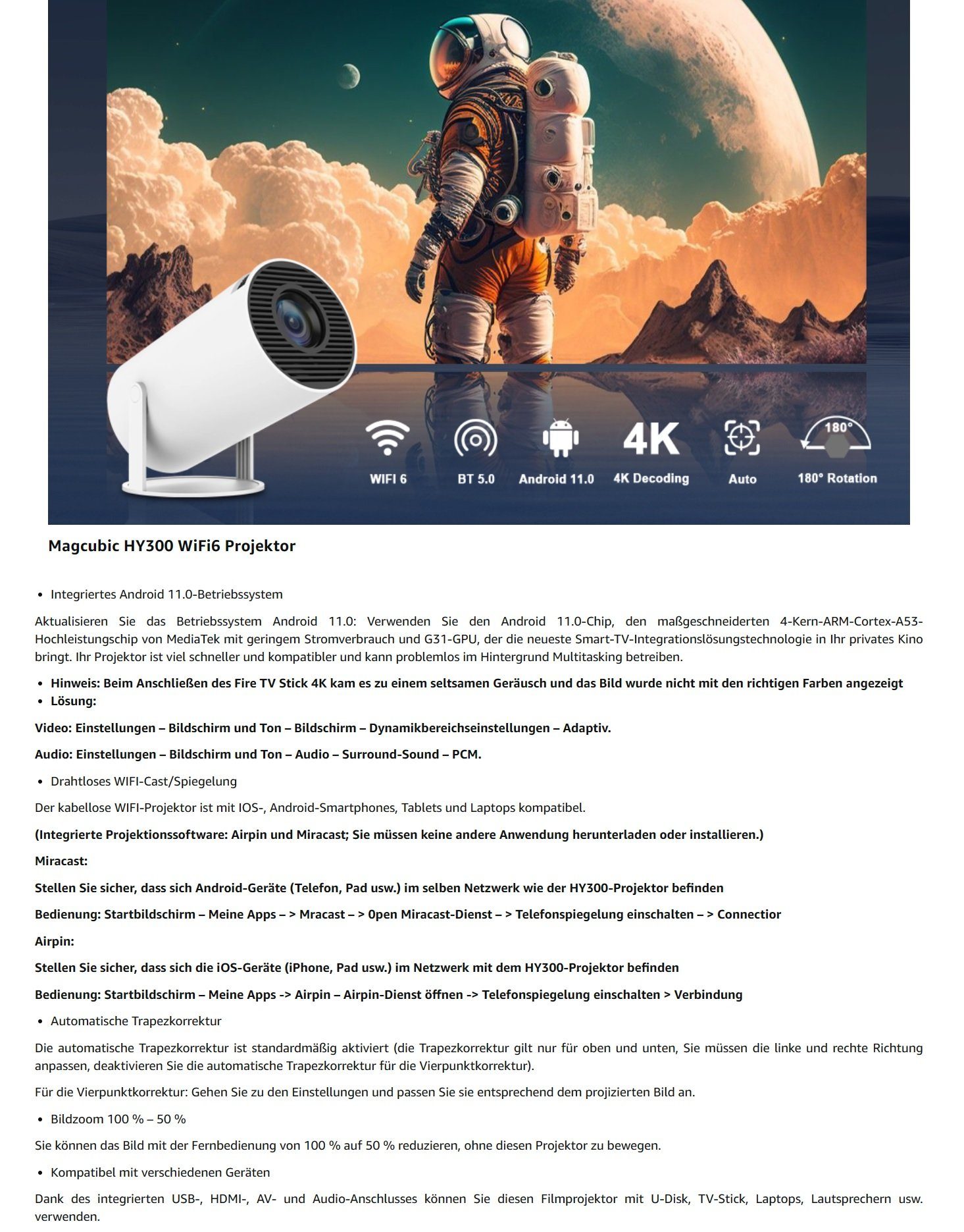 Magcubic Mini Tragbarer Beamer Trapezkorrektur 4K 200 ANSI Smart Projektor WiFi Beamer (10000: 1, ‎1280 x 720 px, 4k Heim Kino Full HD Smart Heimkino Bluetooth Tragbar Mobil Minibeamer)